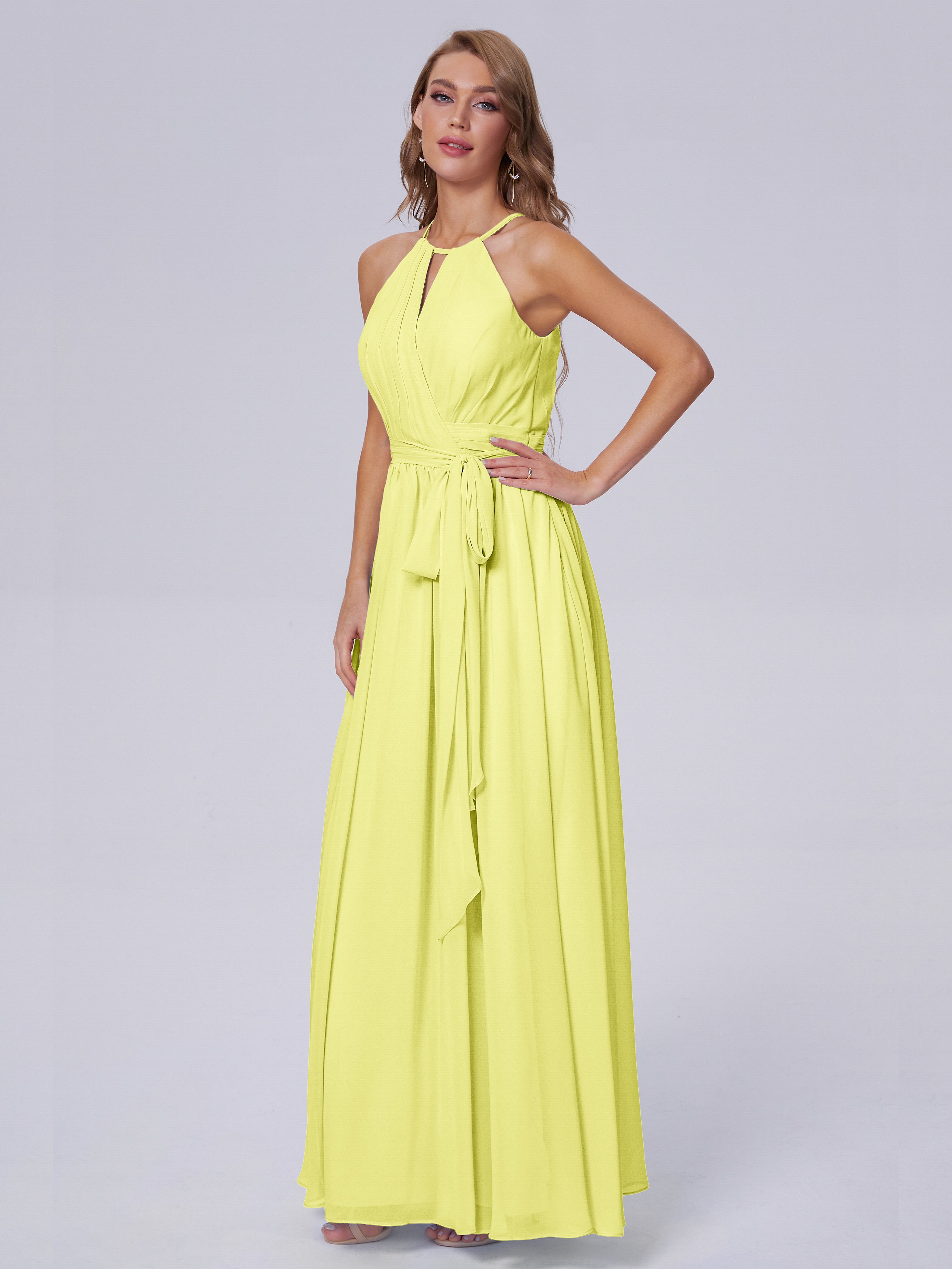 Robes De Demoiselle D'Honneur Jonquille Brillante Licou Mousseline Robes Demoiselle D'Honneur