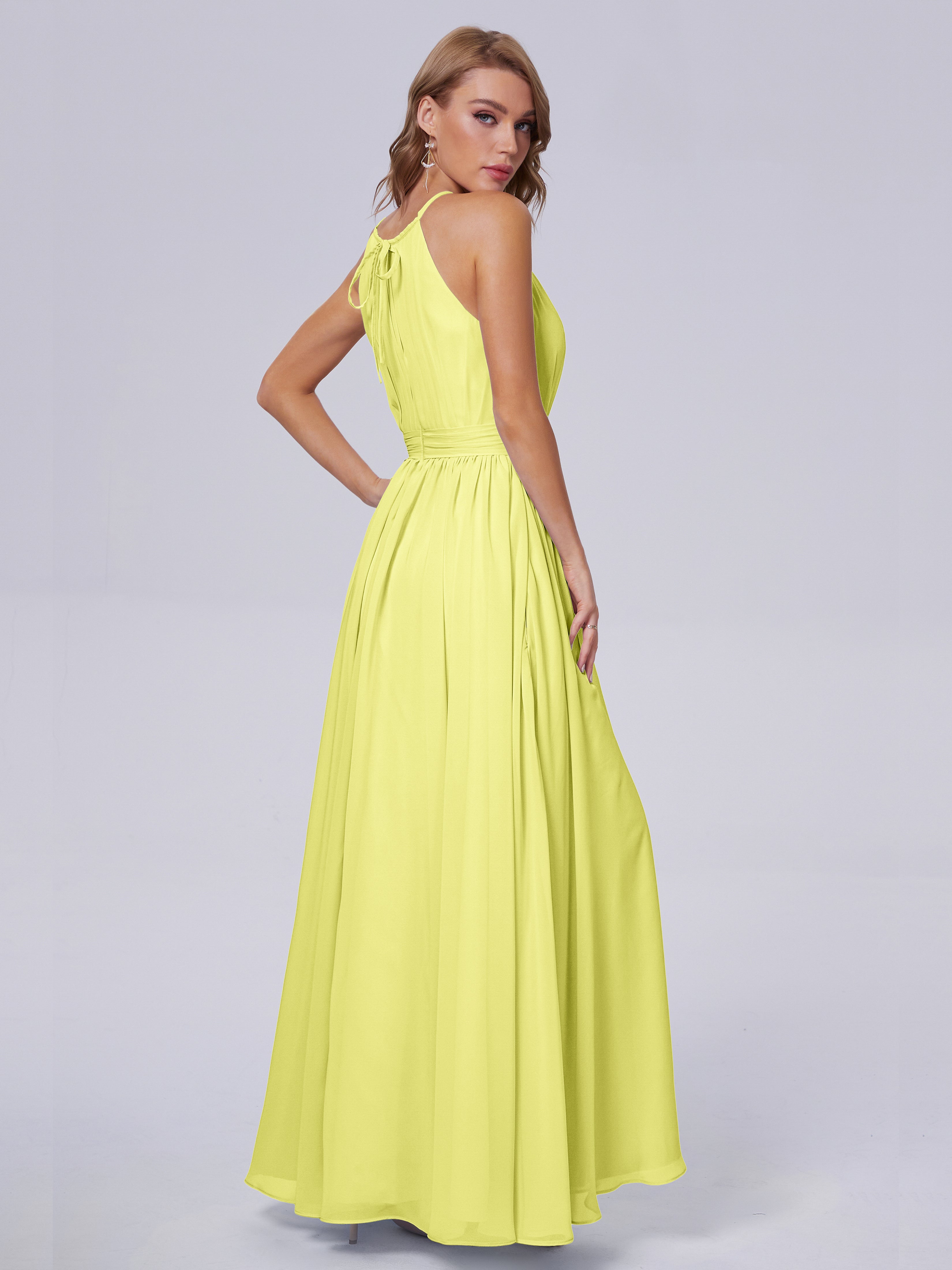 Robes De Demoiselle D'Honneur Jonquille Brillante Licou Mousseline Robes Demoiselle D'Honneur