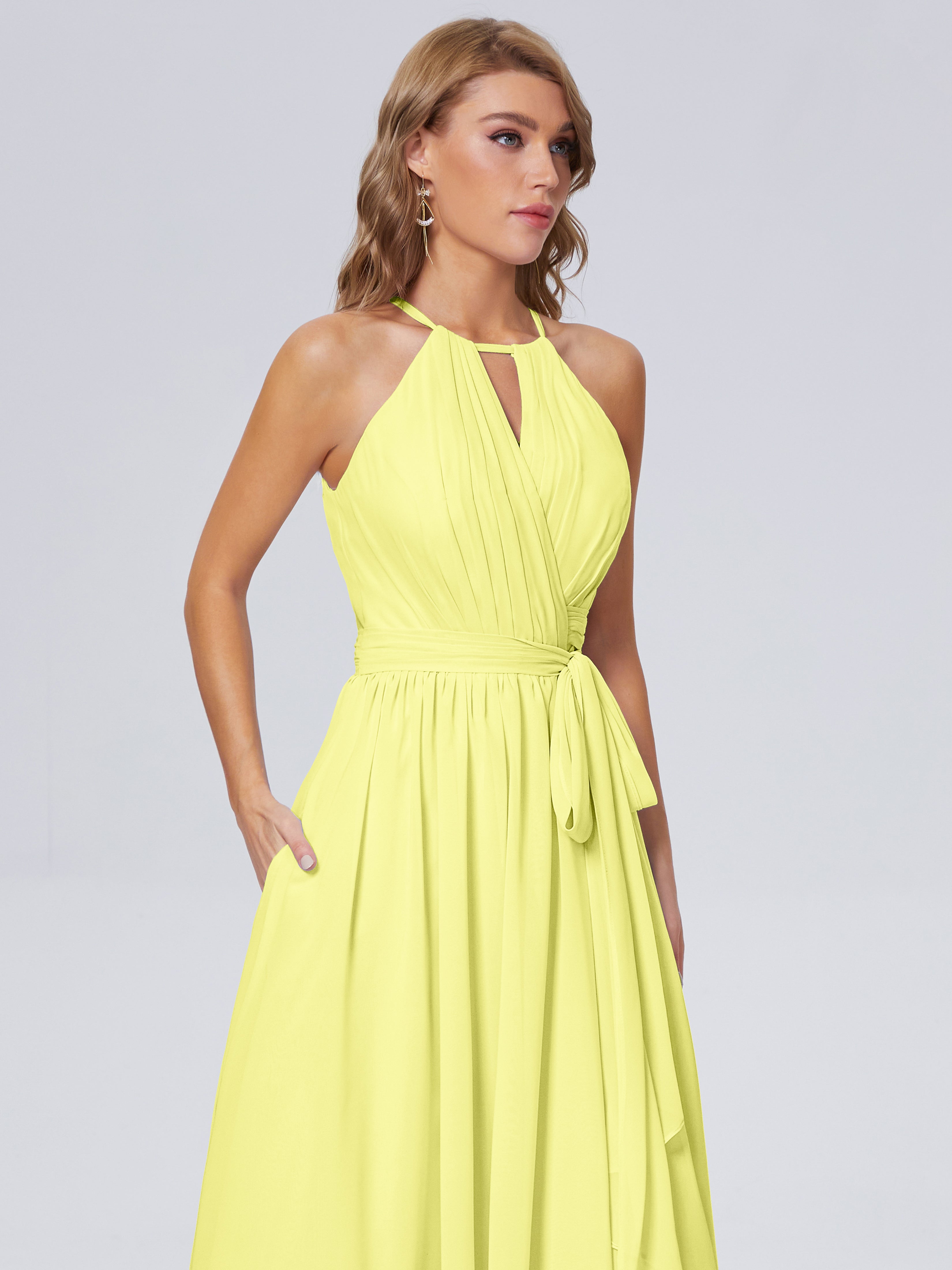 Robes De Demoiselle D'Honneur Jonquille Brillante Licou Mousseline Robes Demoiselle D'Honneur