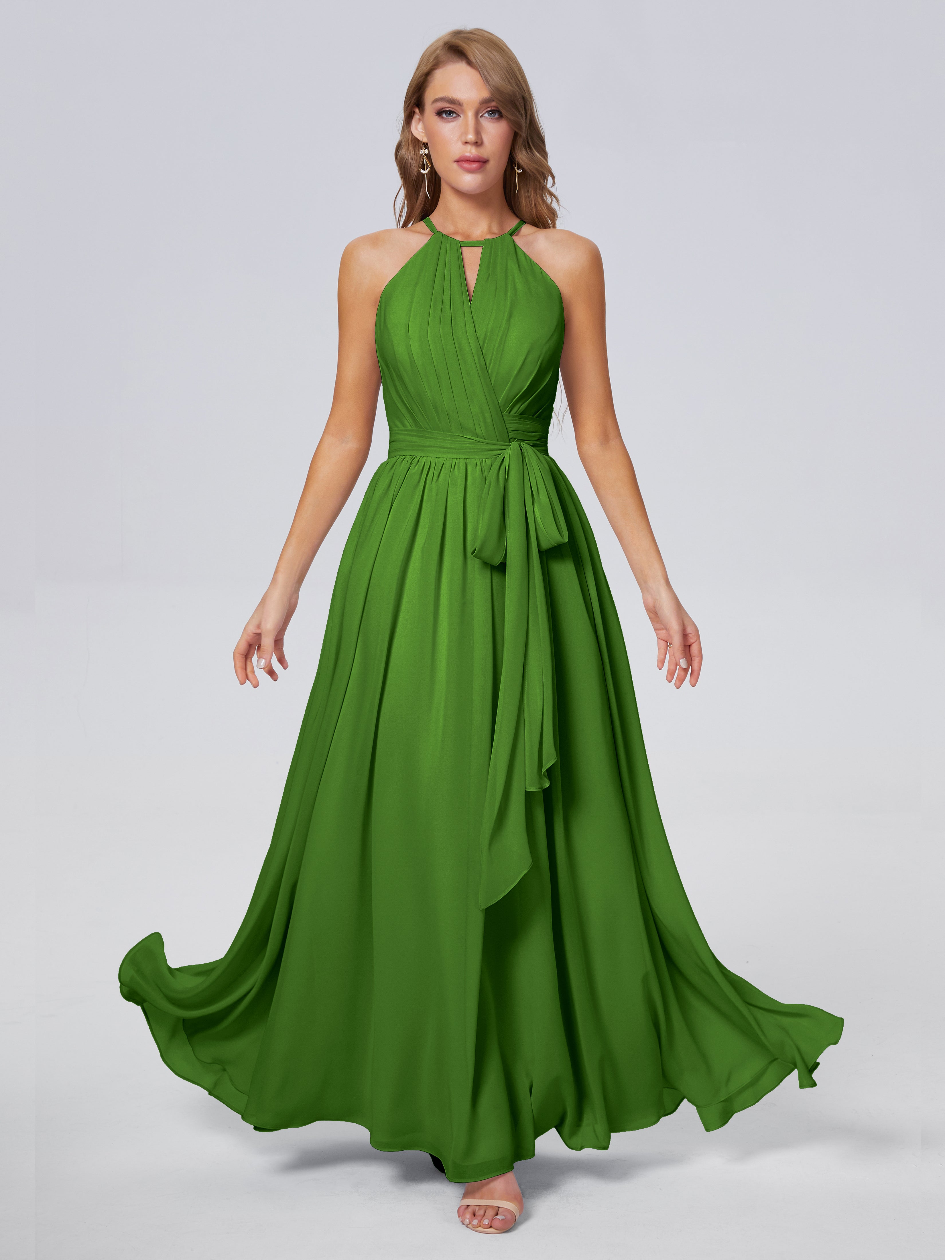 Robes De Demoiselle D'Honneur Vert Mousse Brillante Licou Mousseline Robes Demoiselle D'Honneur