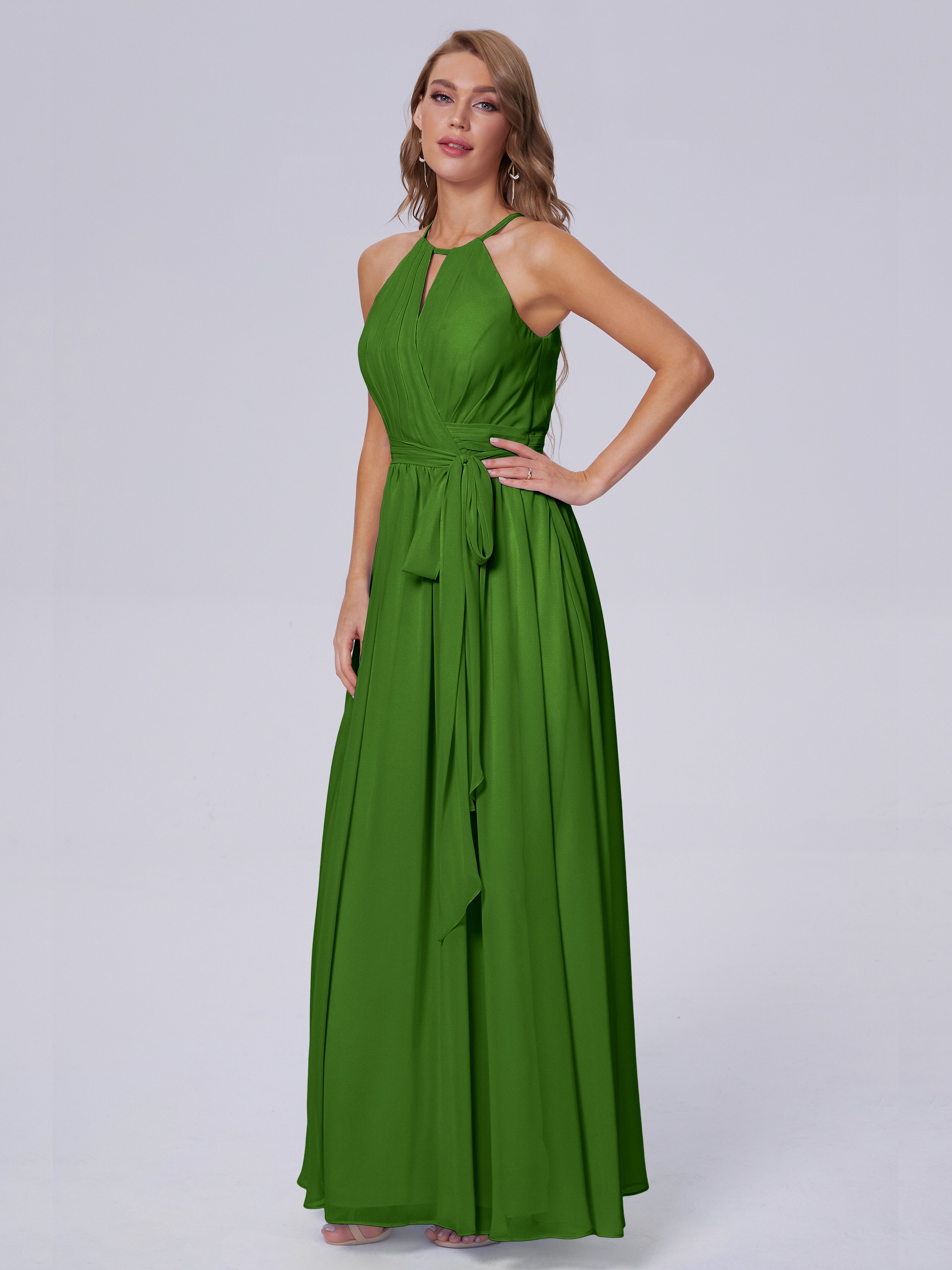 Robes De Demoiselle D'Honneur Vert Mousse Brillante Licou Mousseline Robes Demoiselle D'Honneur