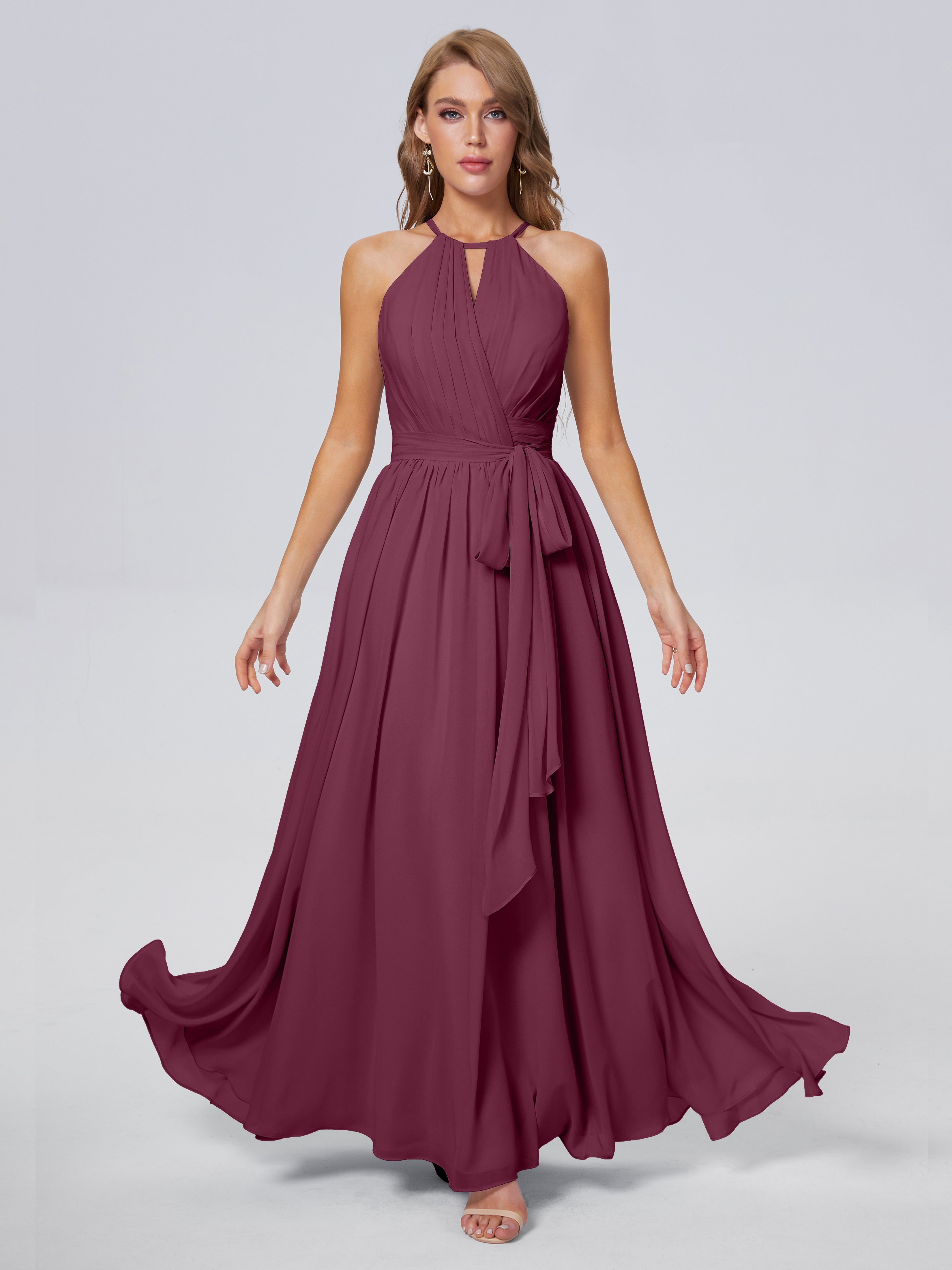 Robes De Demoiselle D'Honneur Mûre Brillante Licou Mousseline Robes Demoiselle D'Honneur