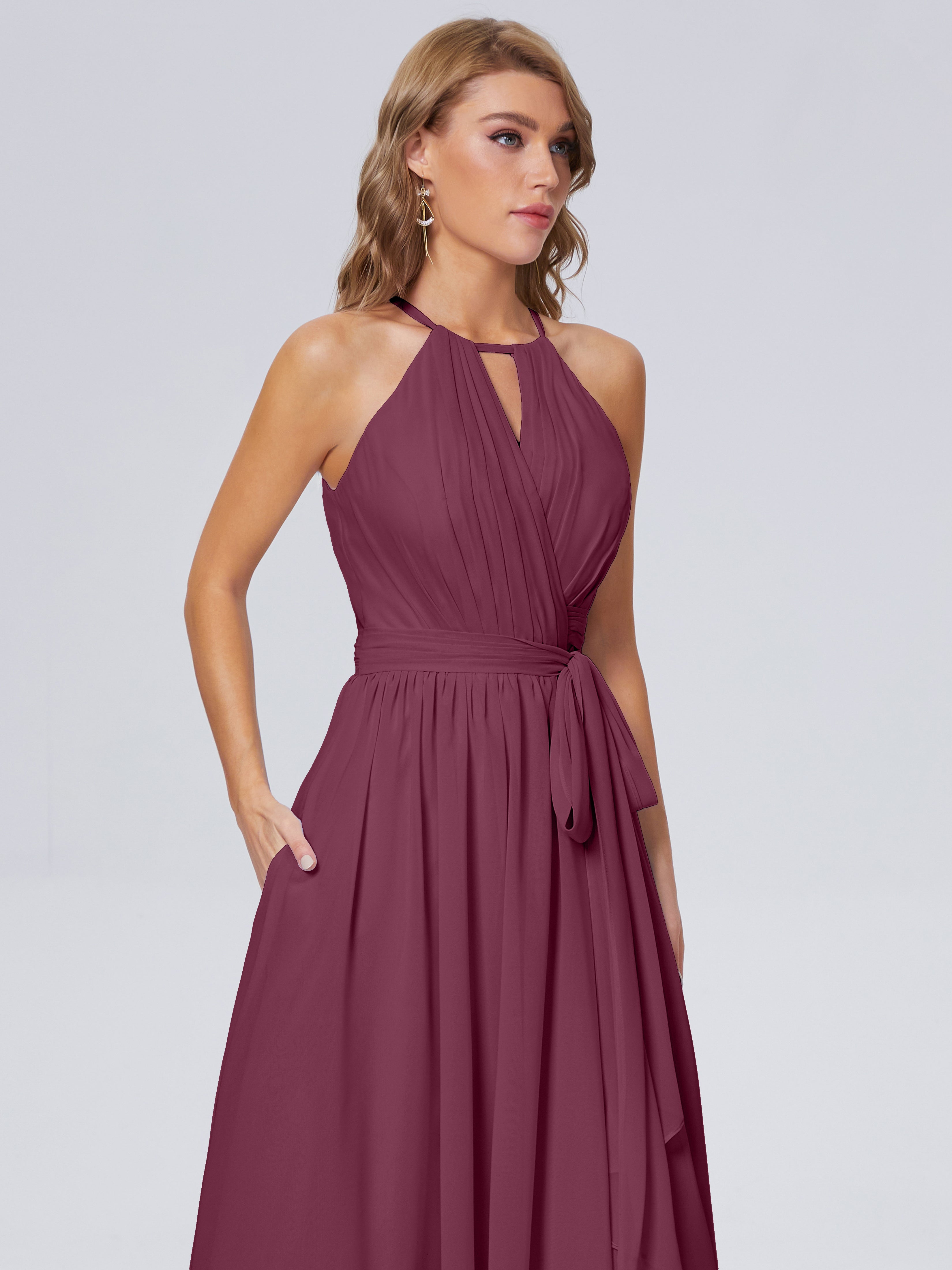 Robes De Demoiselle D'Honneur Mûre Brillante Licou Mousseline Robes Demoiselle D'Honneur