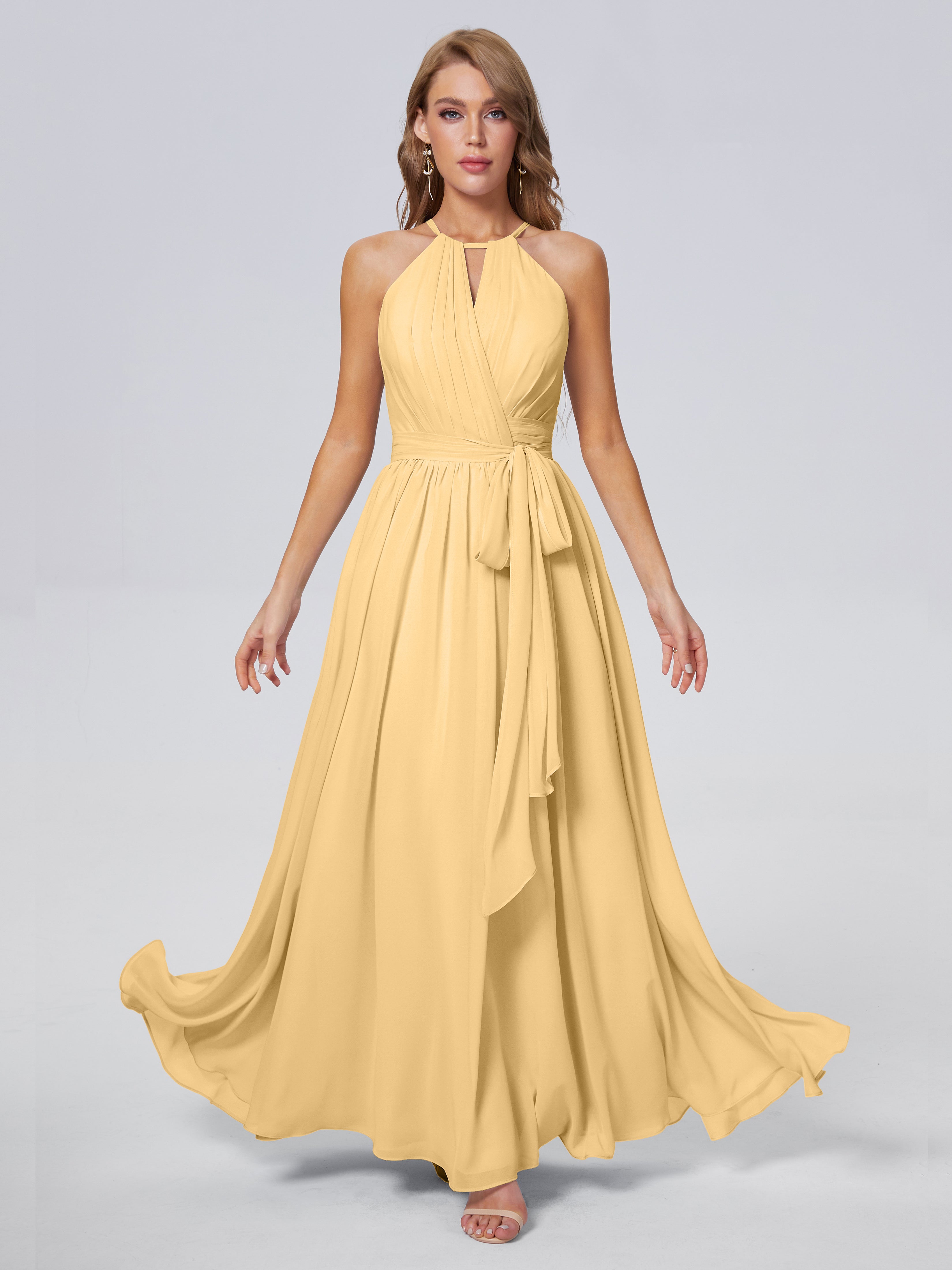 Robes De Demoiselle D'Honneur Courtes En Or Brillante Licou Mousseline Robes Demoiselle D'Honneur