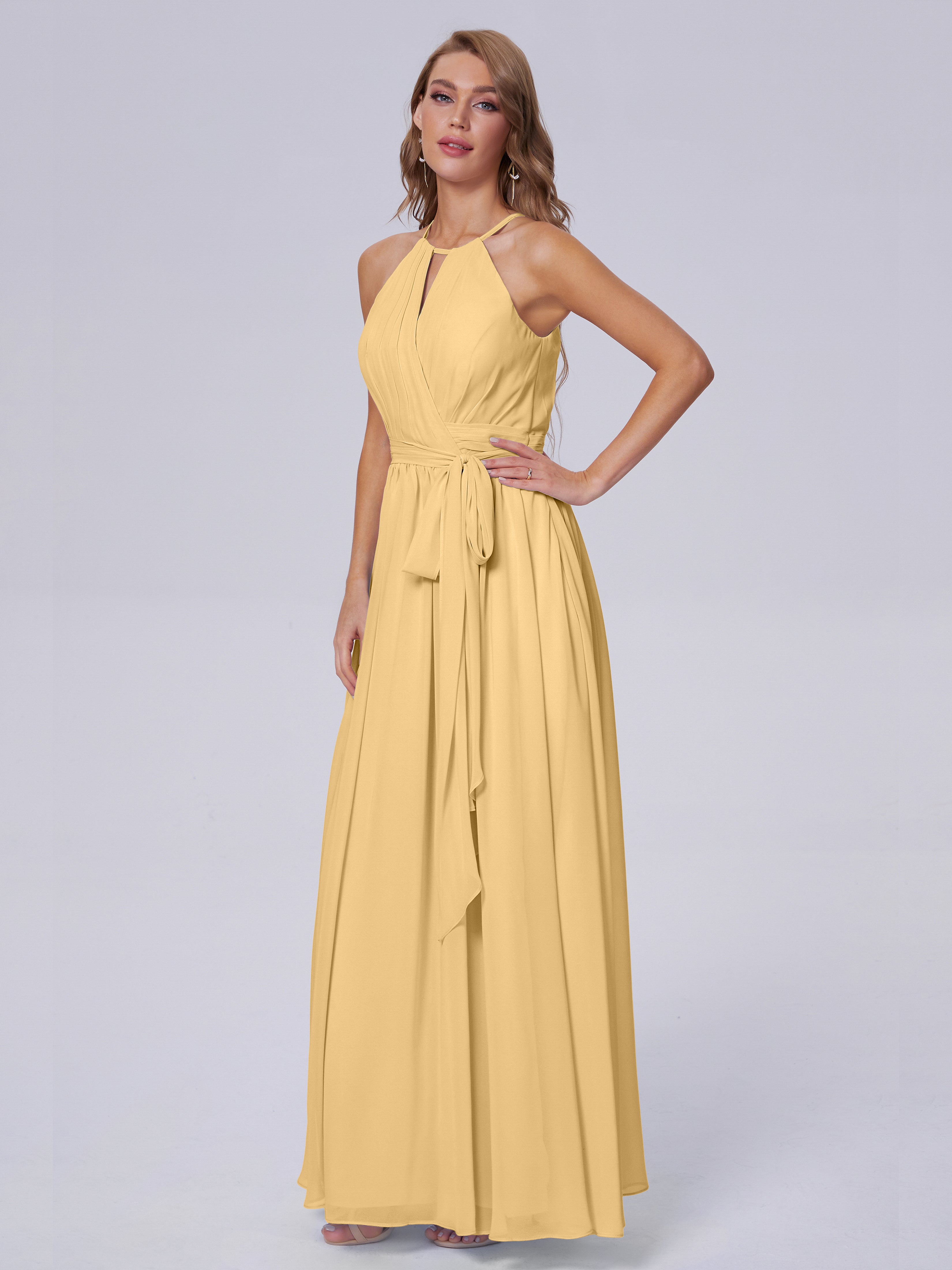 Robes De Demoiselle D'Honneur Courtes En Or Brillante Licou Mousseline Robes Demoiselle D'Honneur