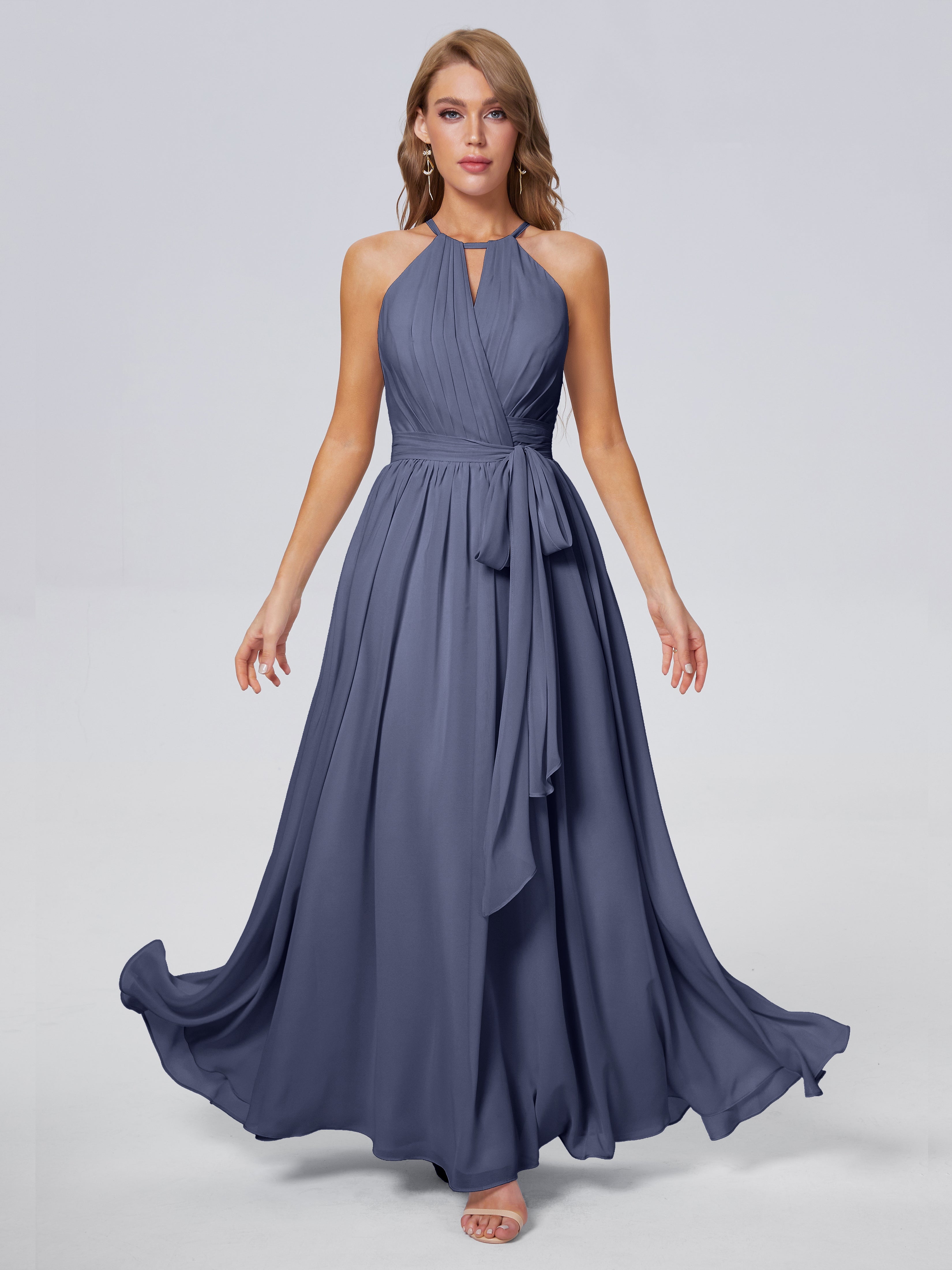 Robes De Demoiselle D'Honneur Bleu Orageux Brillante Licou Mousseline Robes Demoiselle D'Honneur