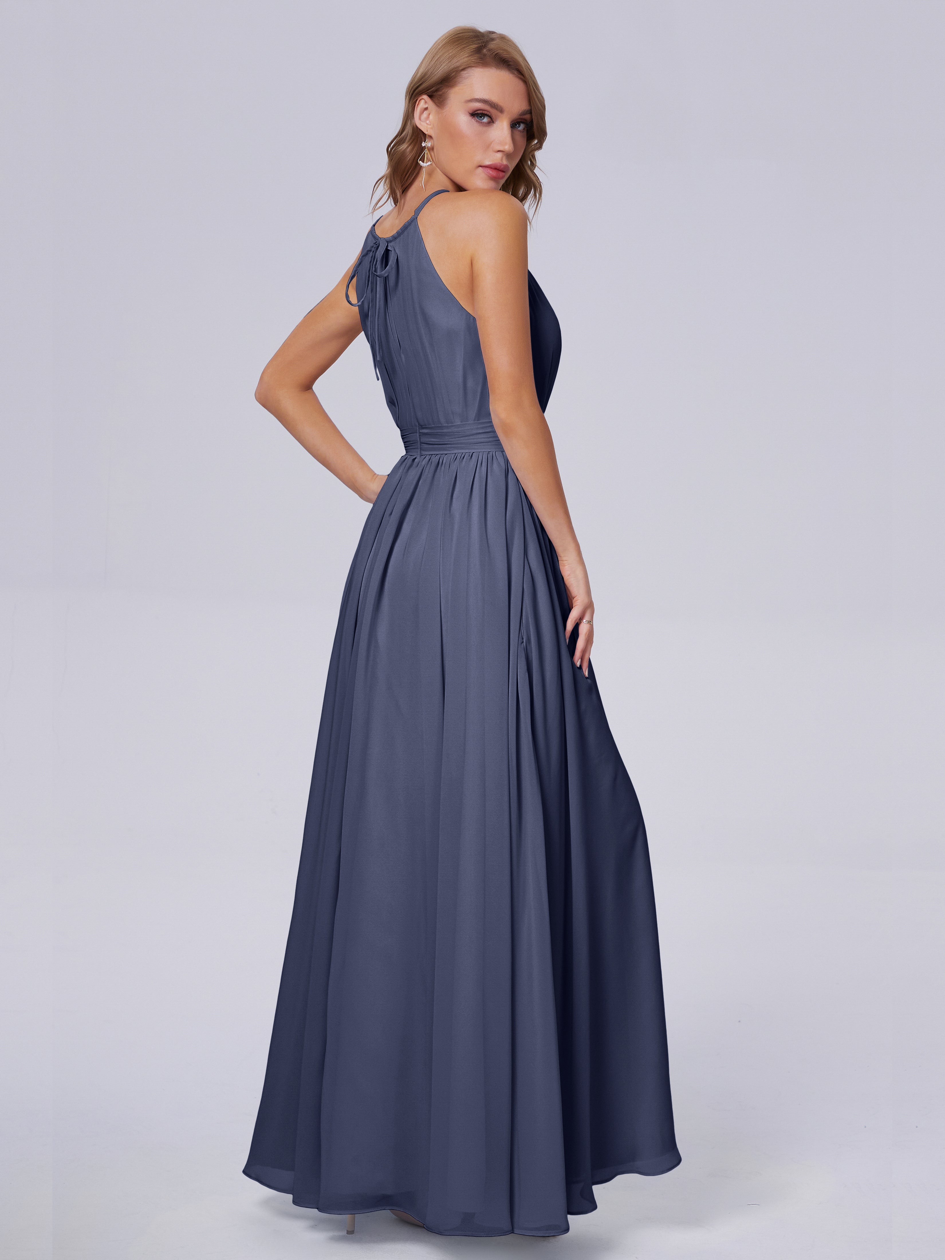 Robes De Demoiselle D'Honneur Bleu Orageux Brillante Licou Mousseline Robes Demoiselle D'Honneur