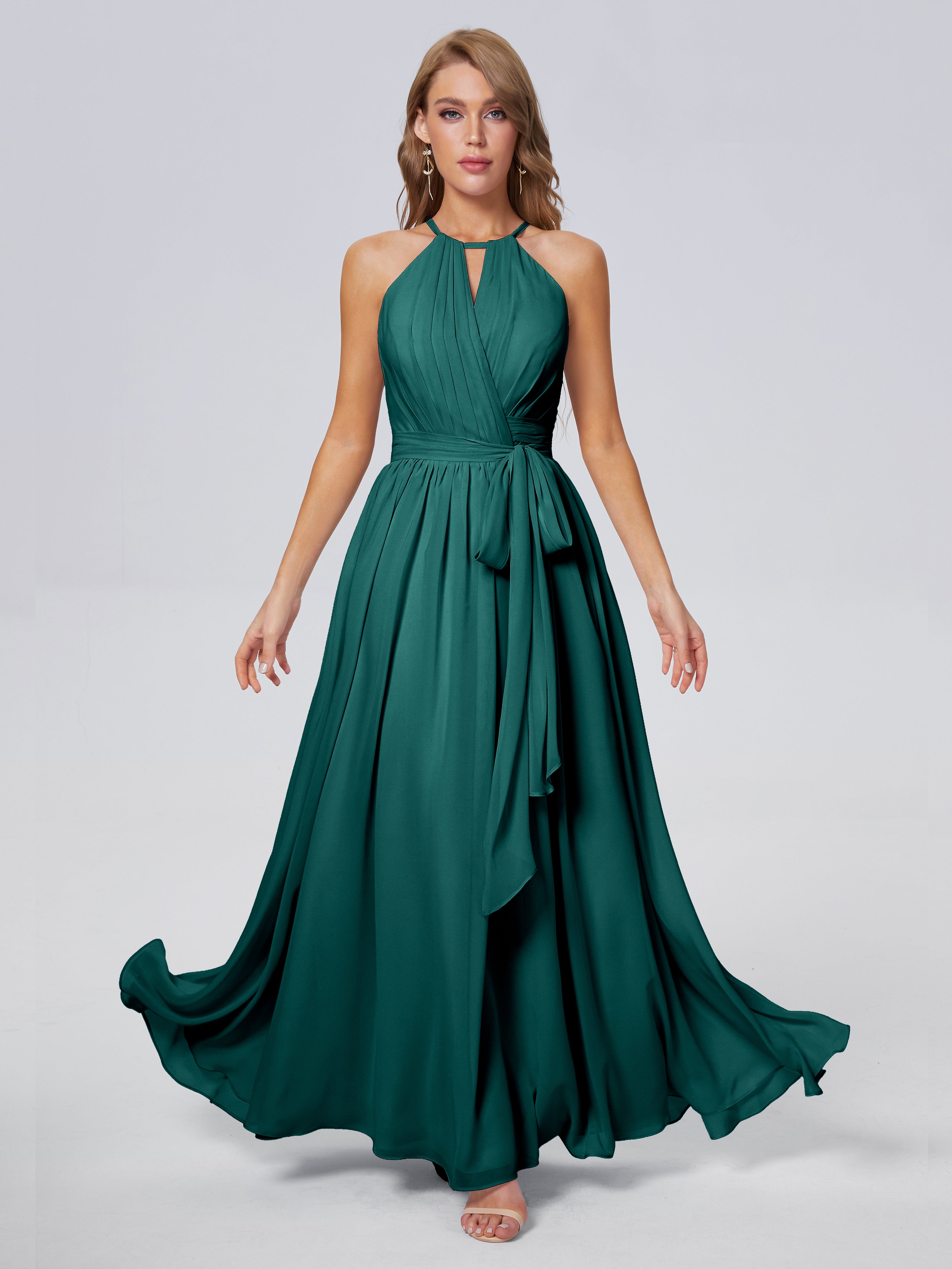 Robes De Demoiselle D'Honneur Bleu Paon Brillante Licou Mousseline Robes Demoiselle D'Honneur