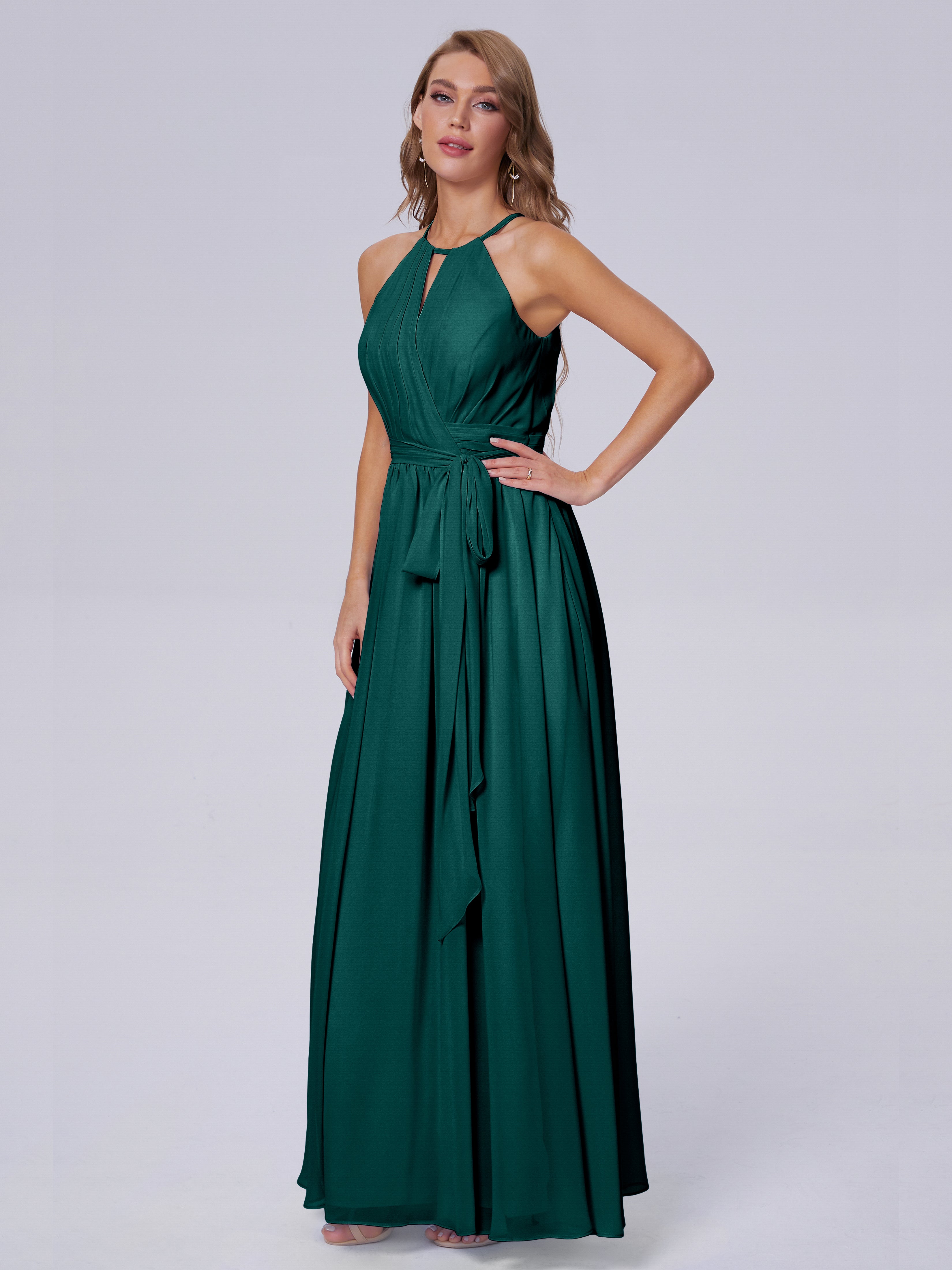 Robes De Demoiselle D'Honneur Bleu Paon Brillante Licou Mousseline Robes Demoiselle D'Honneur