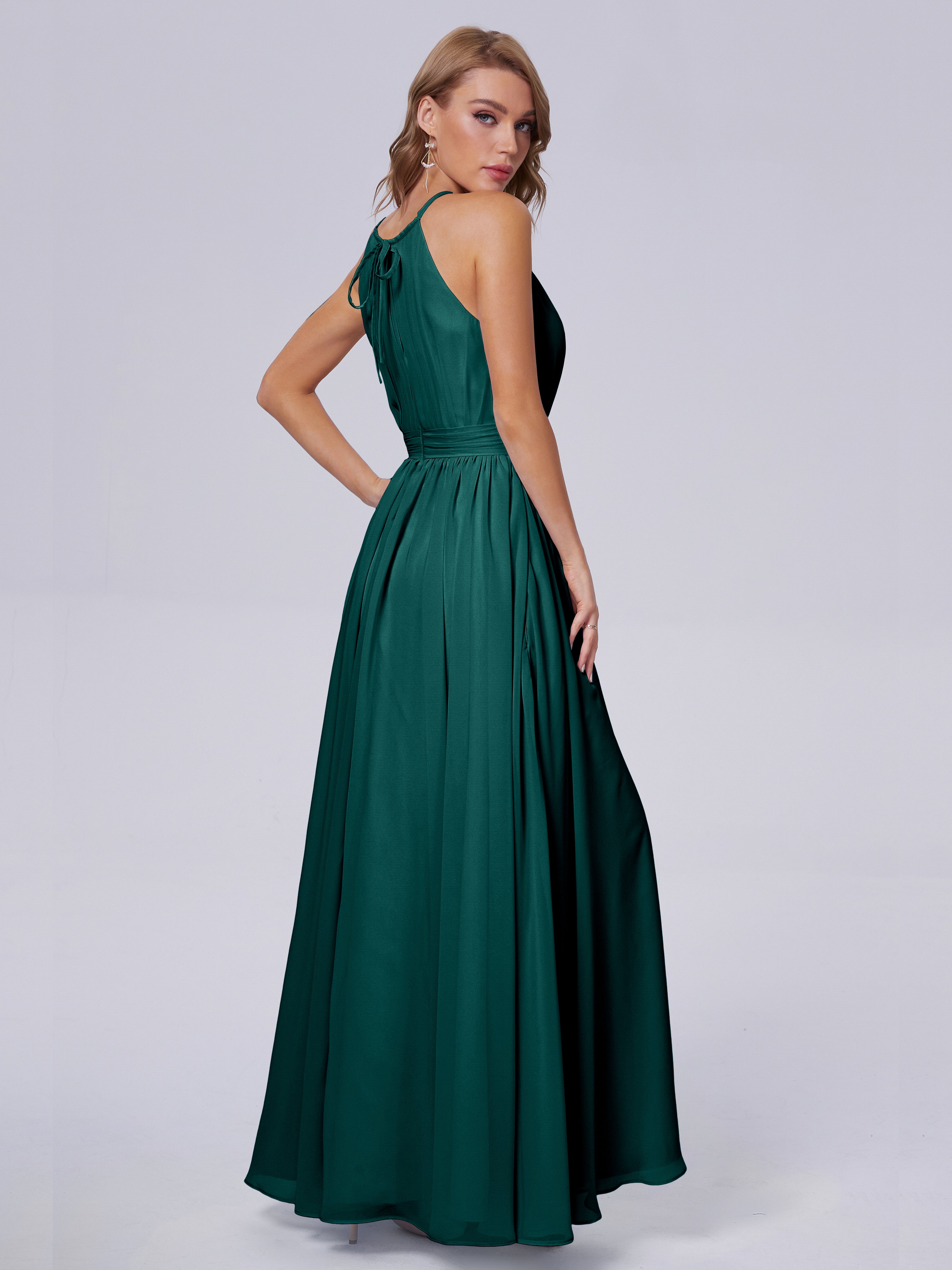 Robes De Demoiselle D'Honneur Bleu Paon Brillante Licou Mousseline Robes Demoiselle D'Honneur