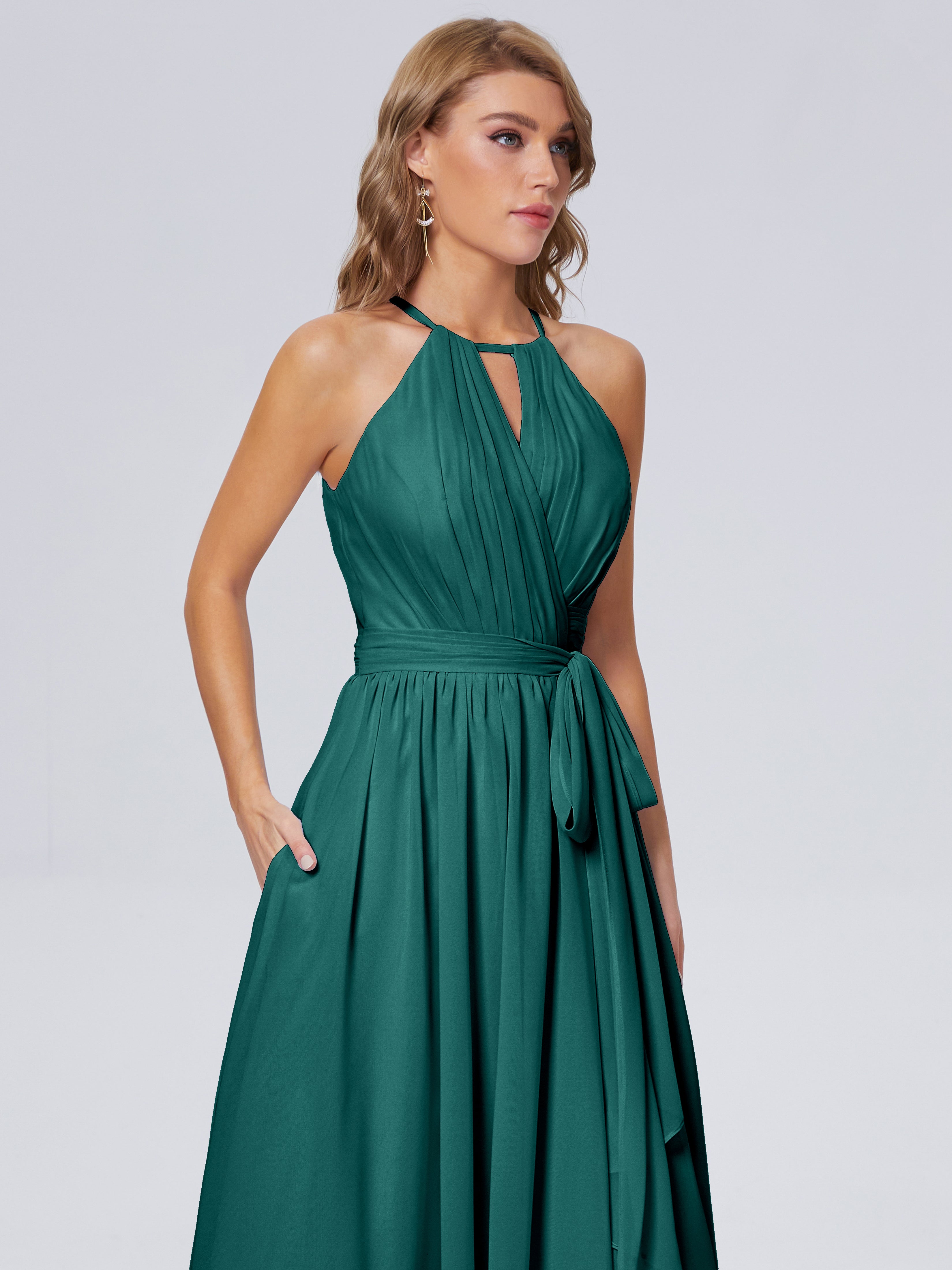 Robes De Demoiselle D'Honneur Bleu Paon Brillante Licou Mousseline Robes Demoiselle D'Honneur