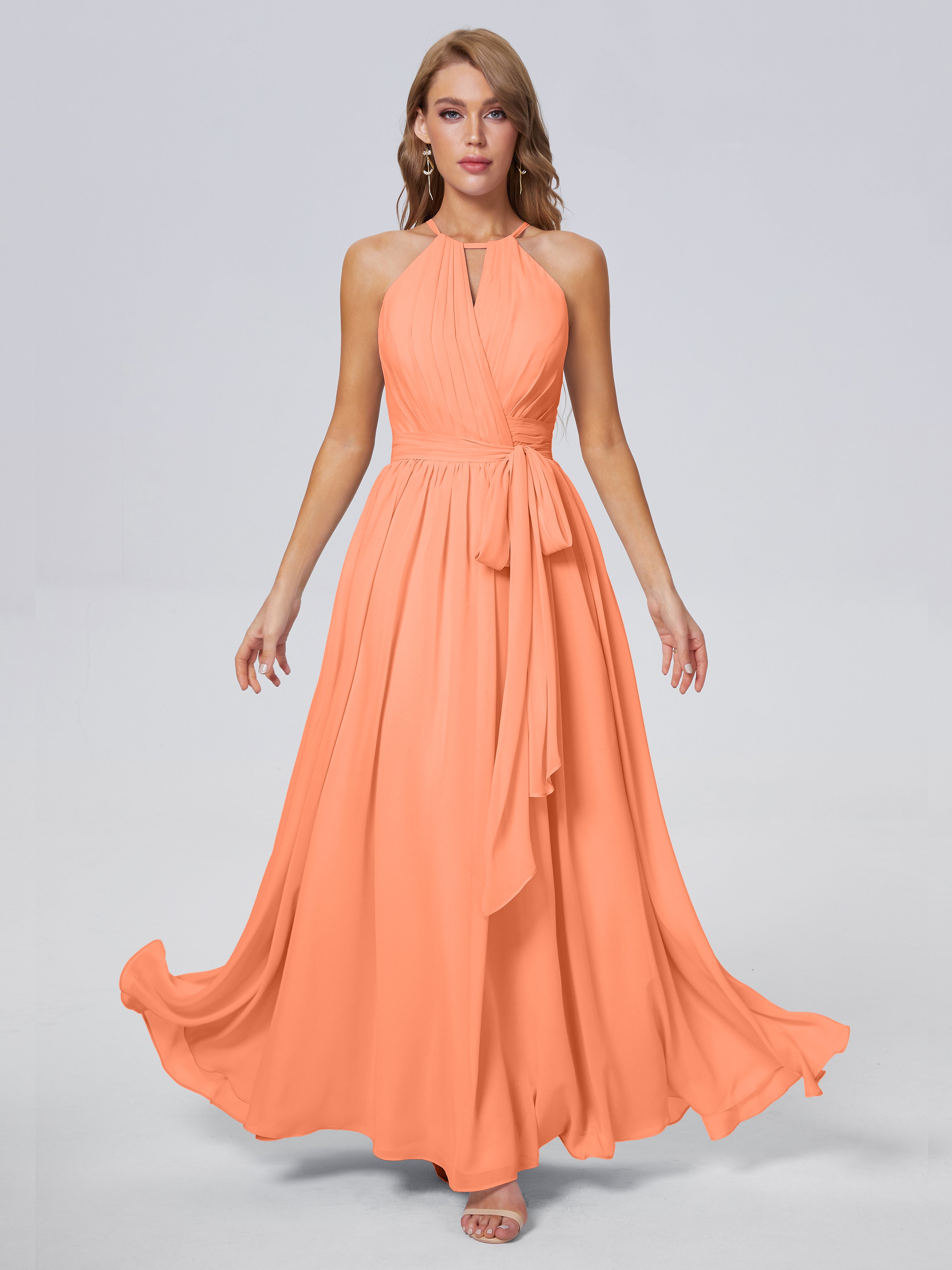 Robes De Demoiselle D'Honneur Papaye Brillante Licou Mousseline Robes Demoiselle D'Honneur
