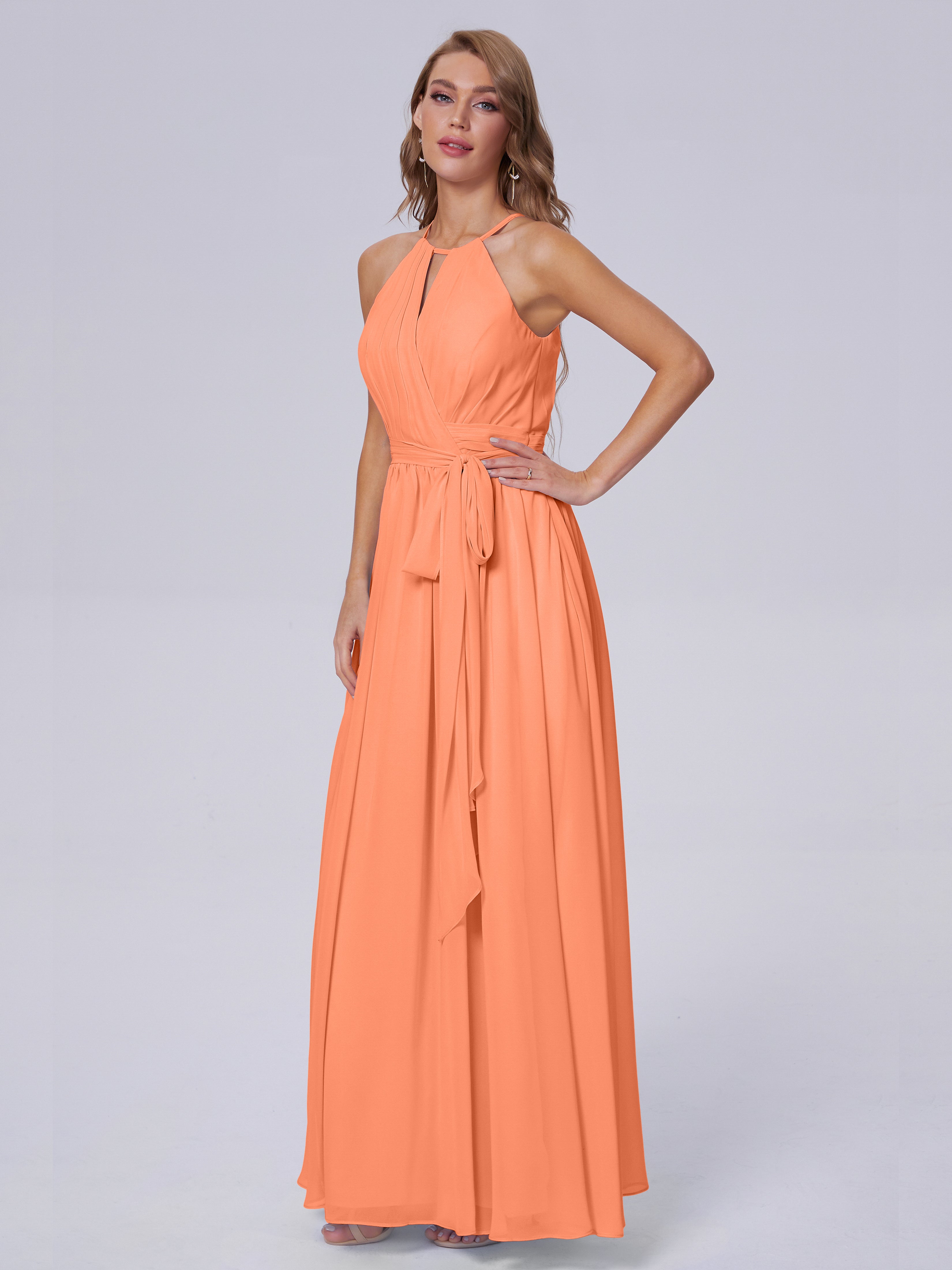Robes De Demoiselle D'Honneur Papaye Brillante Licou Mousseline Robes Demoiselle D'Honneur