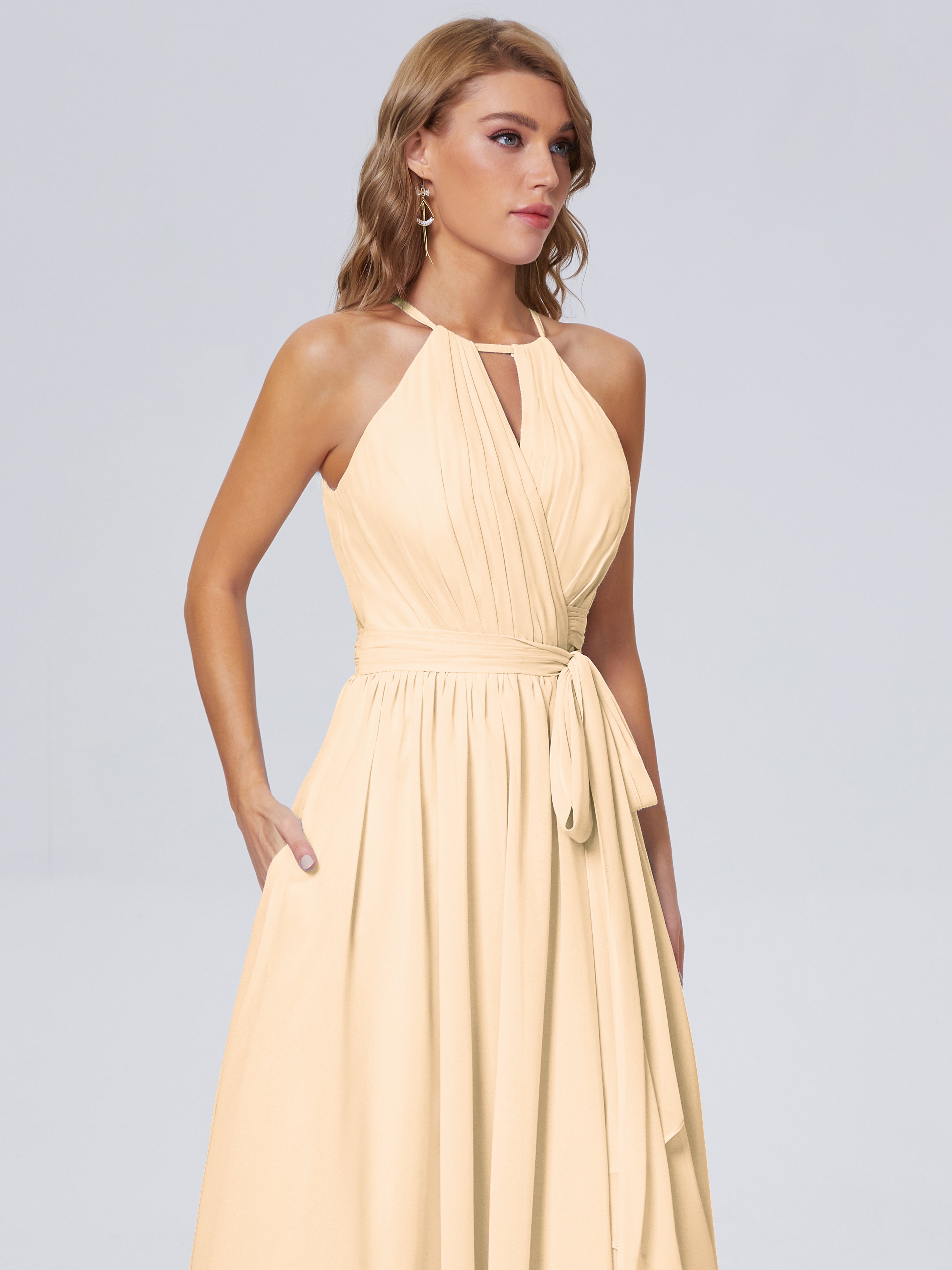 Robe De Demoiselle D Honneur Peche Brillante Licou Mousseline Robes Demoiselle D'Honneur