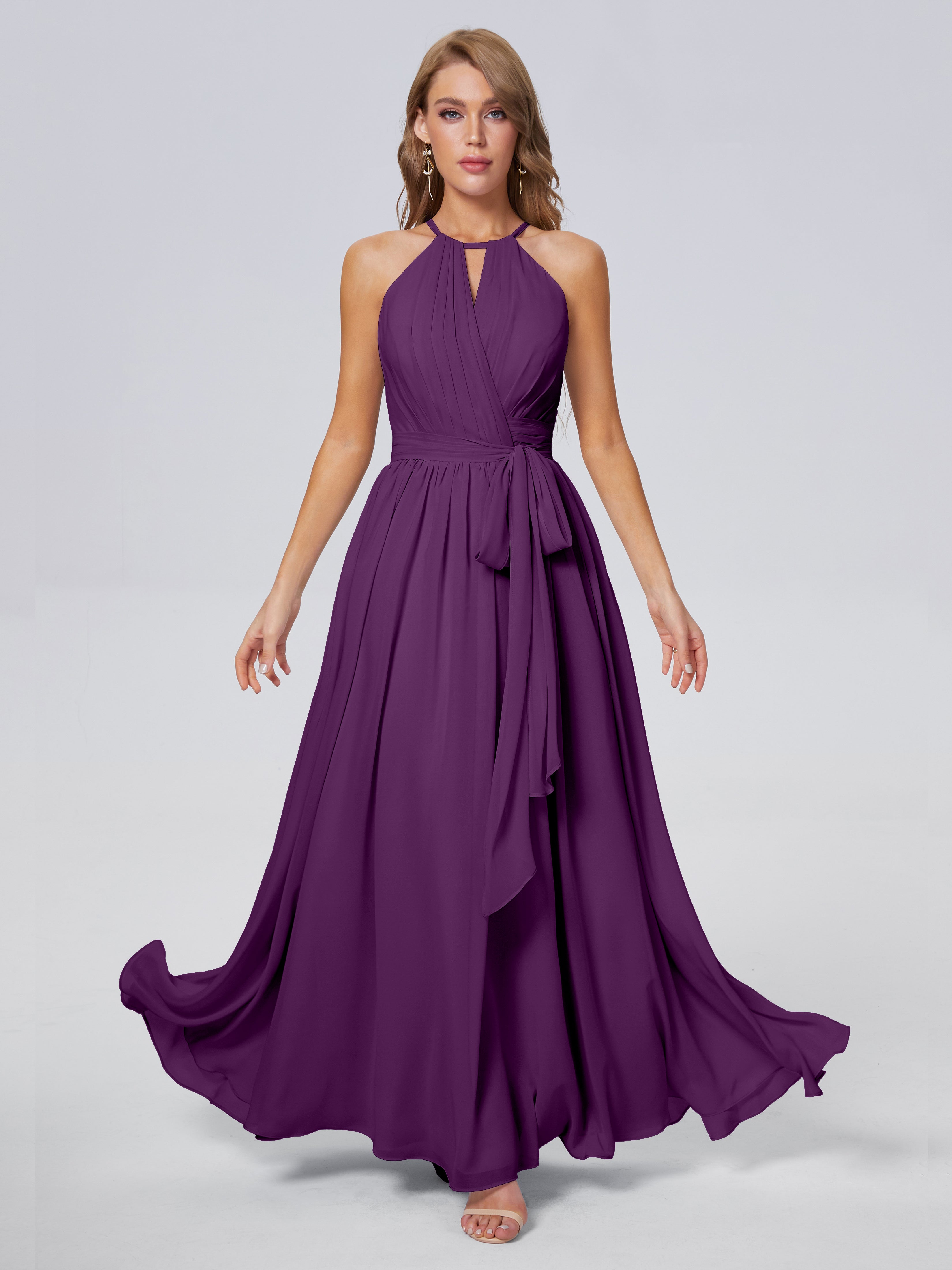 Robes De Demoiselle D'Honneur En Raisin Brillante Licou Mousseline Robes Demoiselle D'Honneur