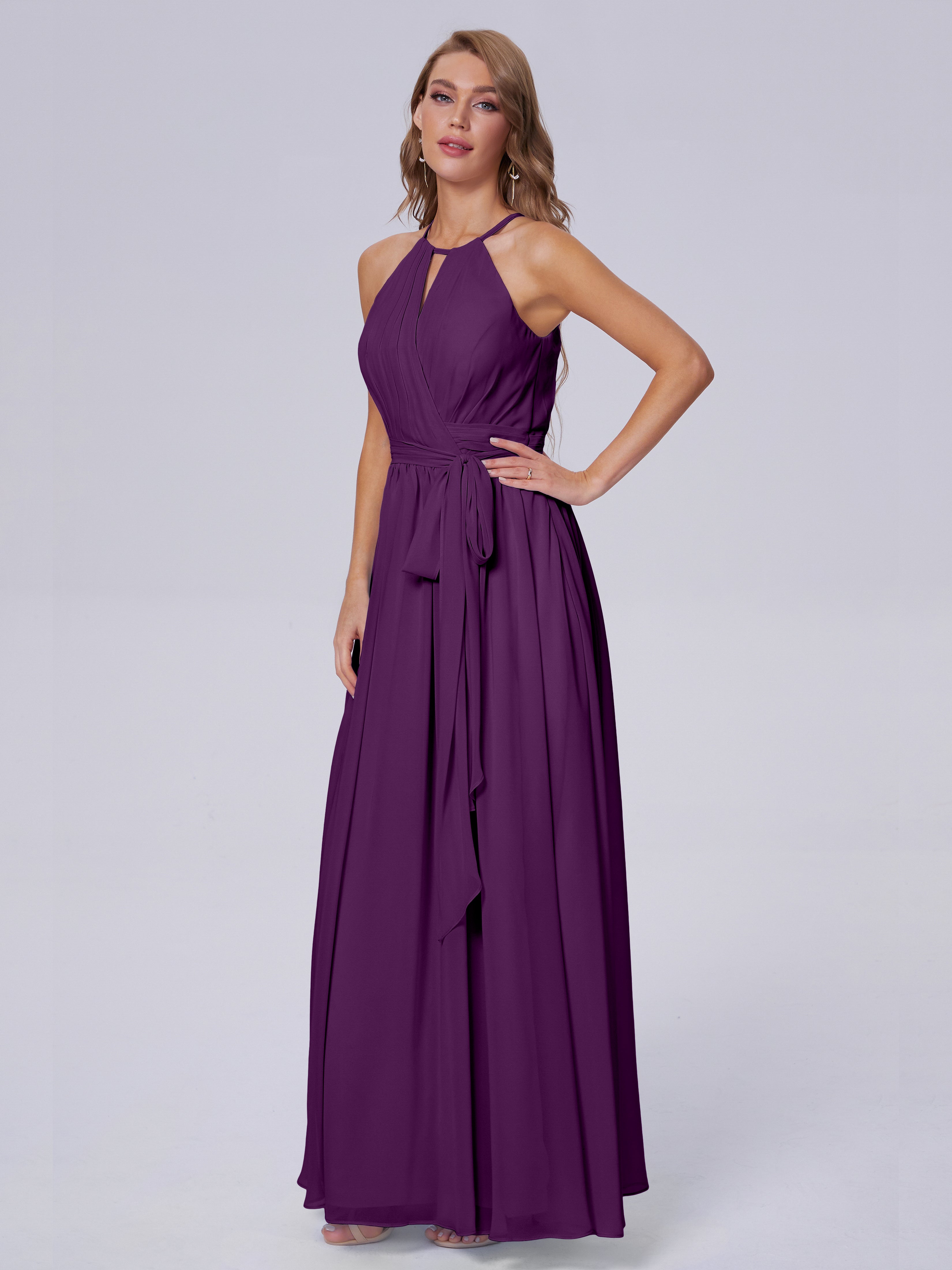 Robes De Demoiselle D'Honneur En Raisin Brillante Licou Mousseline Robes Demoiselle D'Honneur