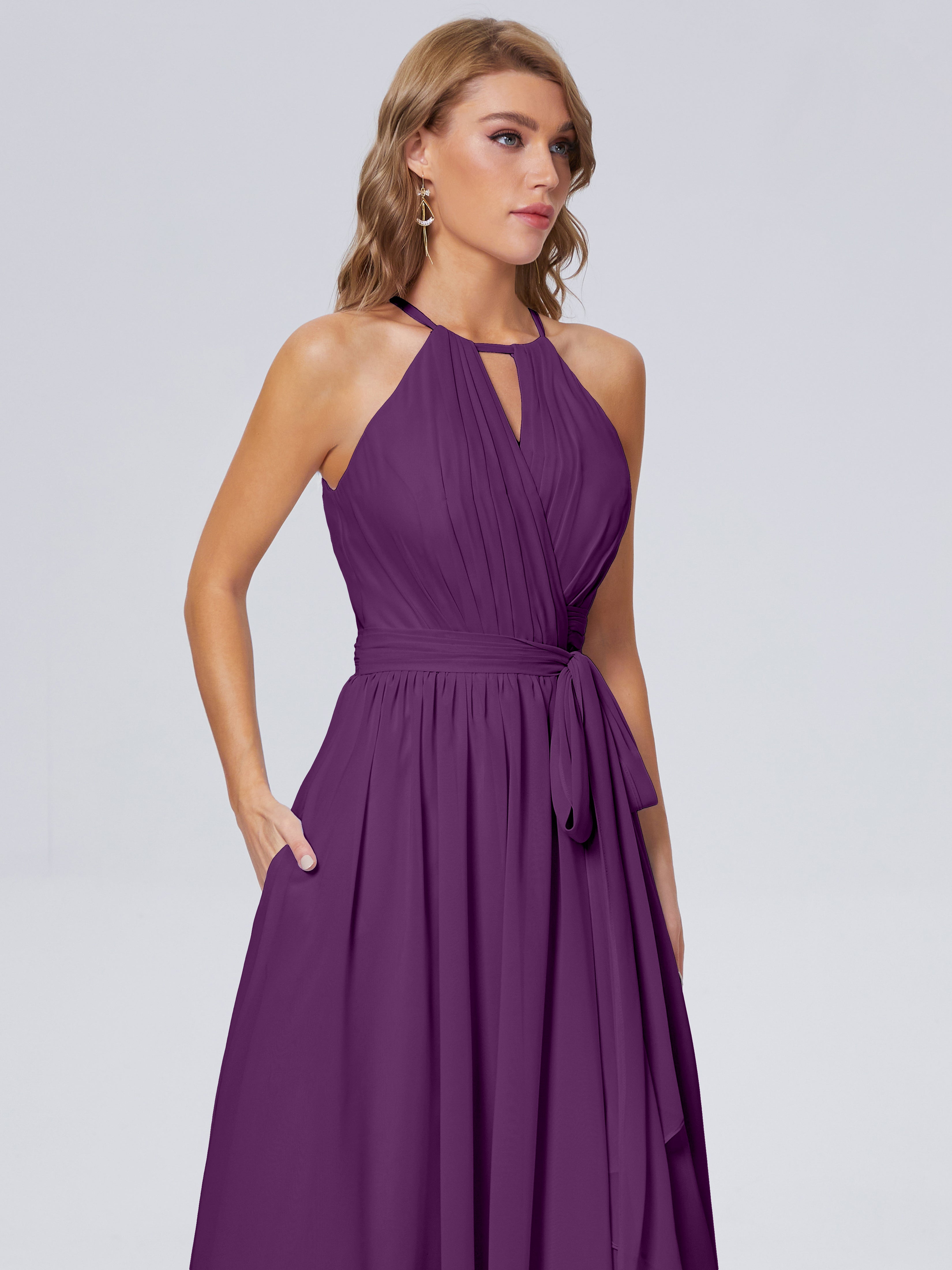 Robes De Demoiselle D'Honneur En Raisin Brillante Licou Mousseline Robes Demoiselle D'Honneur