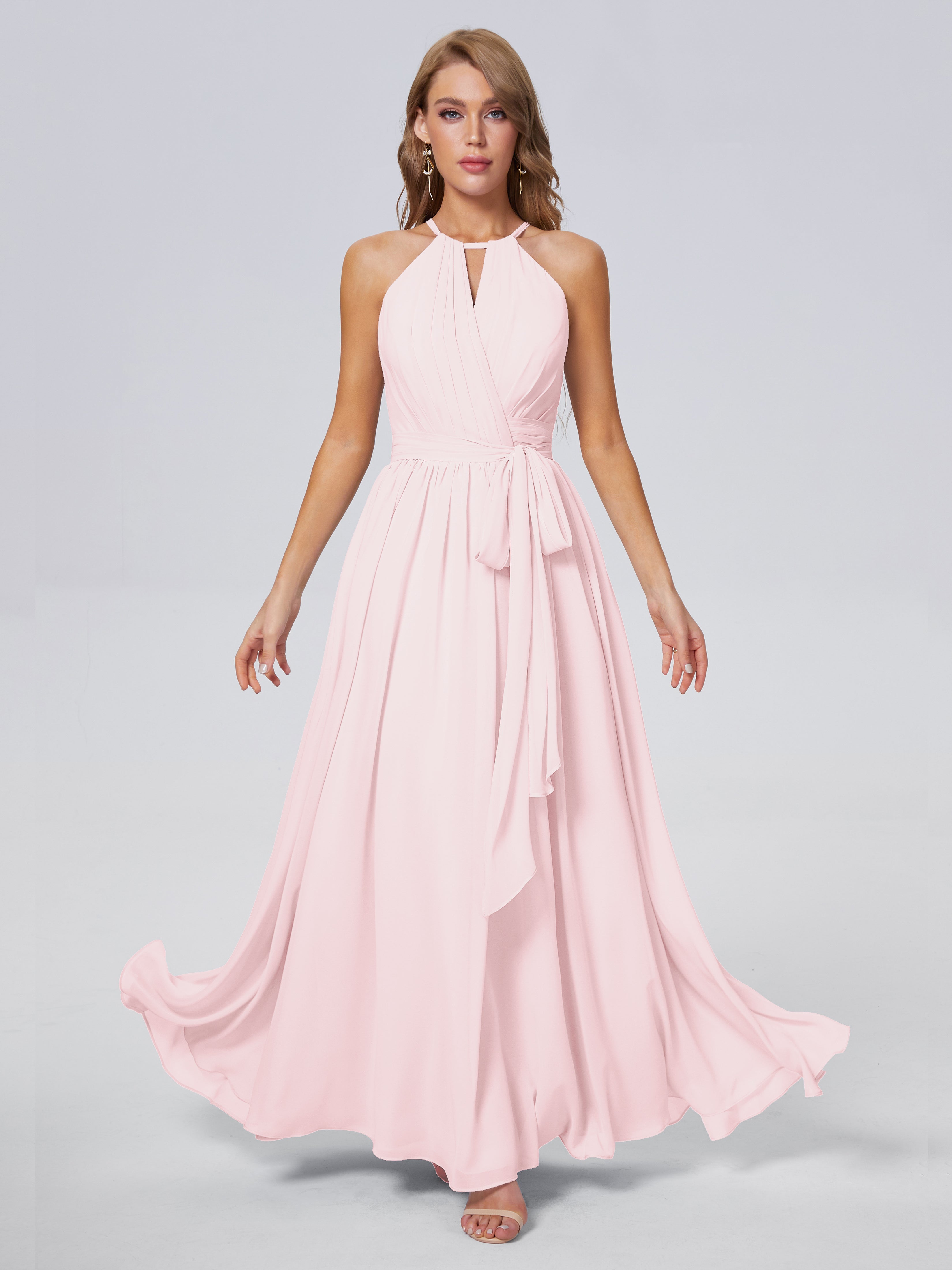 Demoiselle D Honneur Robe Rose Pale Brillante Licou Mousseline Robes Demoiselle D'Honneur