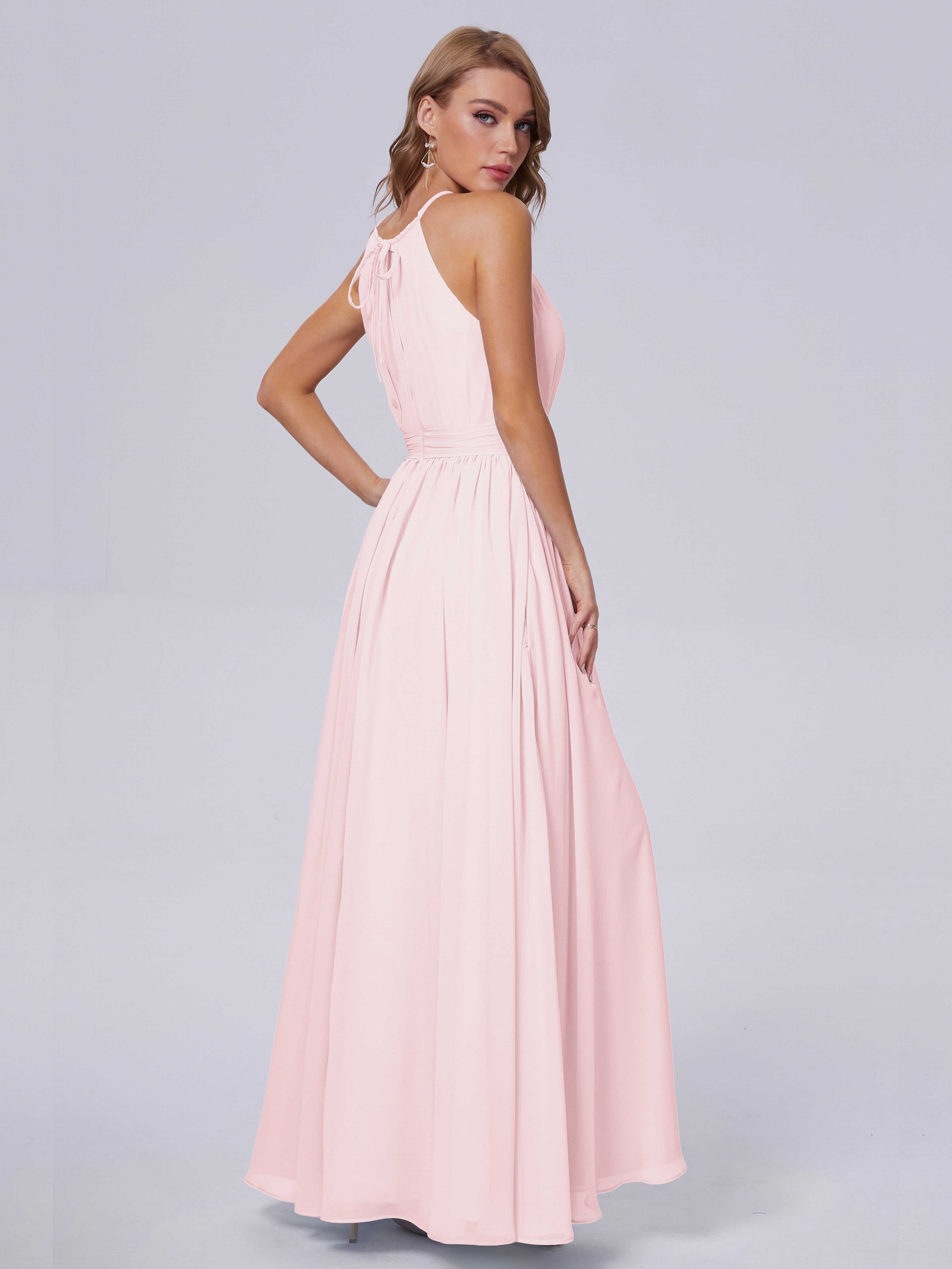 Demoiselle D Honneur Robe Rose Pale Brillante Licou Mousseline Robes Demoiselle D'Honneur