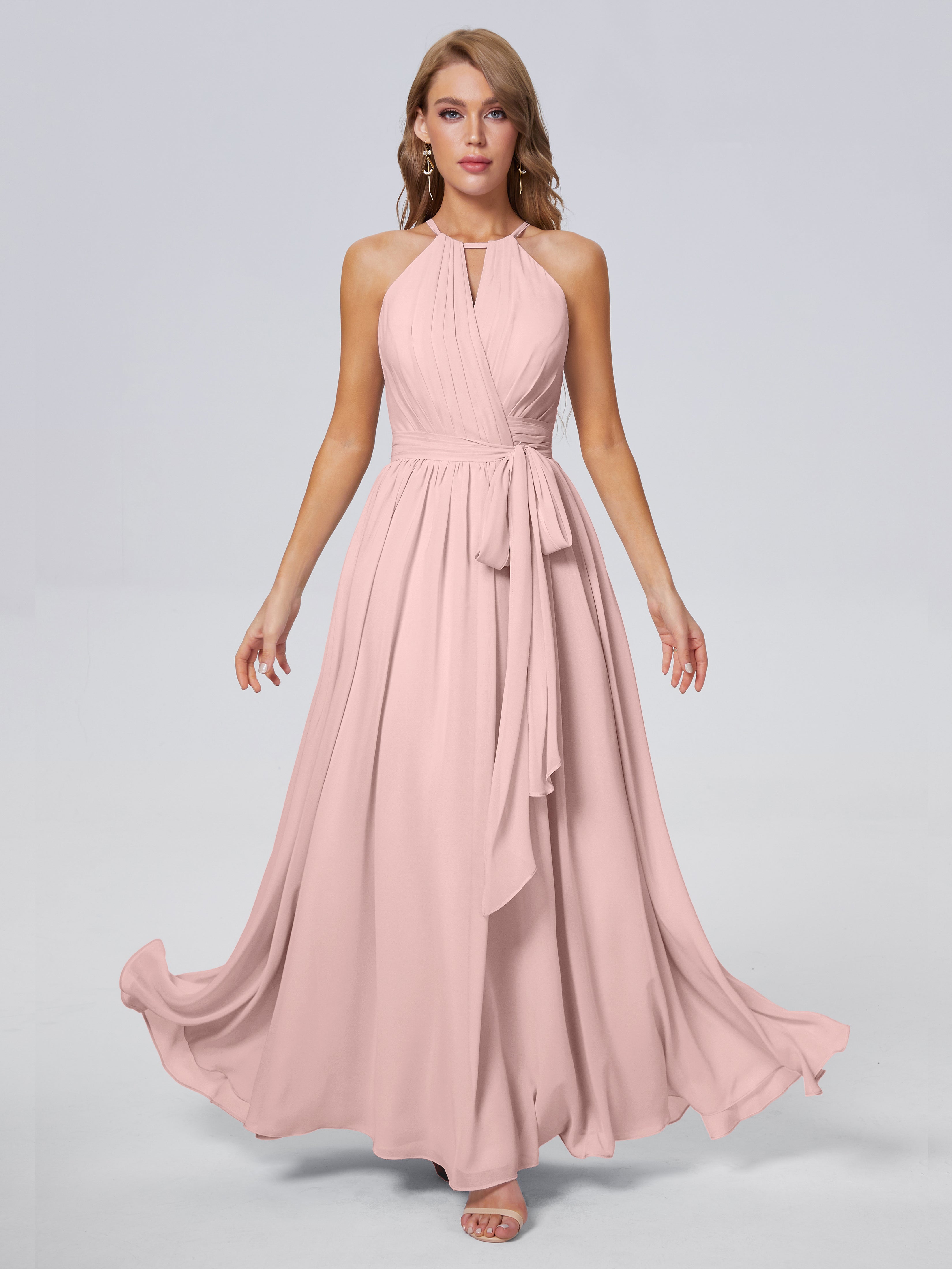 Longues Robes De Demoiselle D'Honneur De Rose Poudrée Brillante Licou Mousseline Robes Demoiselle D'Honneur