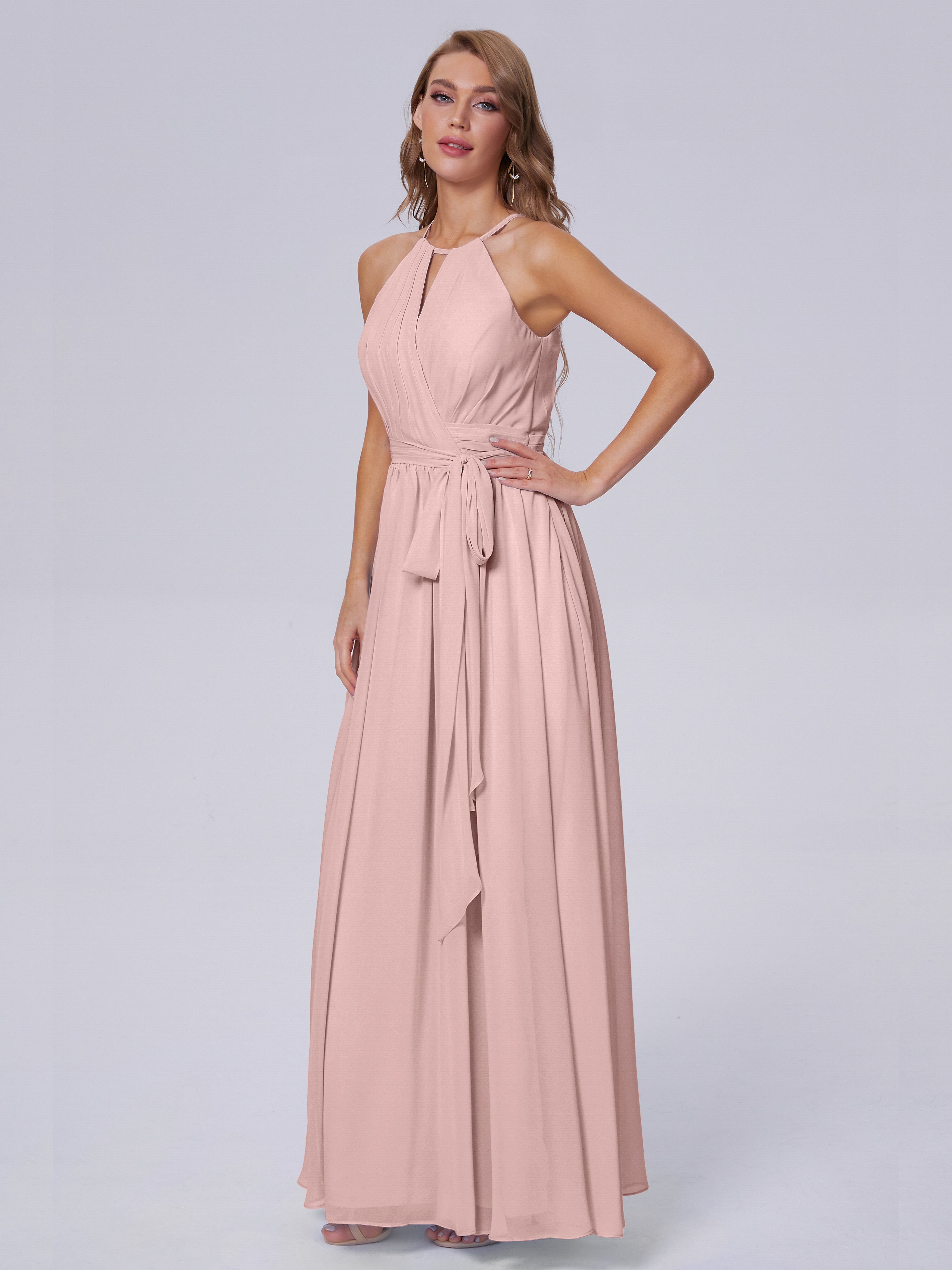 Longues Robes De Demoiselle D'Honneur De Rose Poudrée Brillante Licou Mousseline Robes Demoiselle D'Honneur