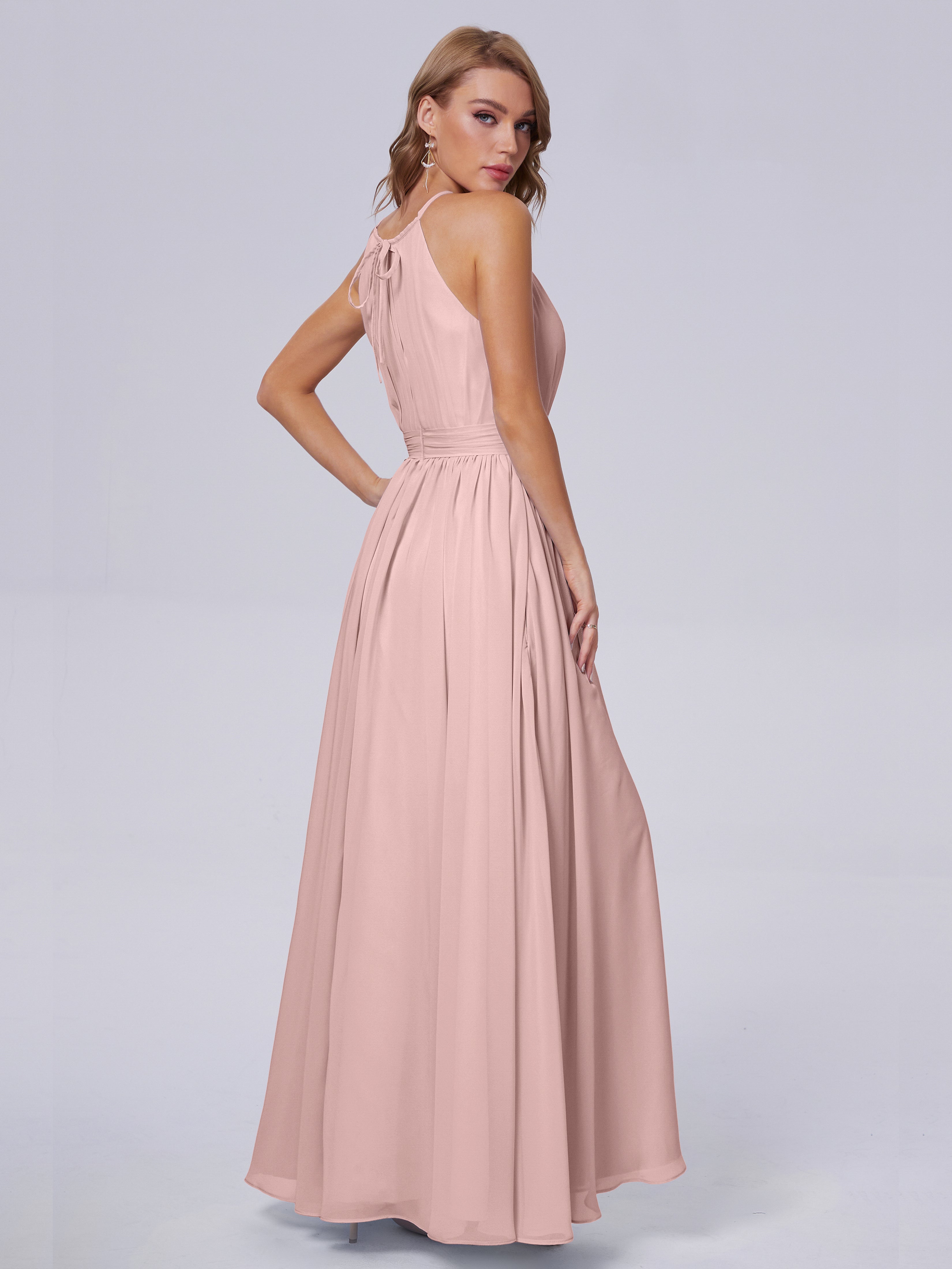 Longues Robes De Demoiselle D'Honneur De Rose Poudrée Brillante Licou Mousseline Robes Demoiselle D'Honneur