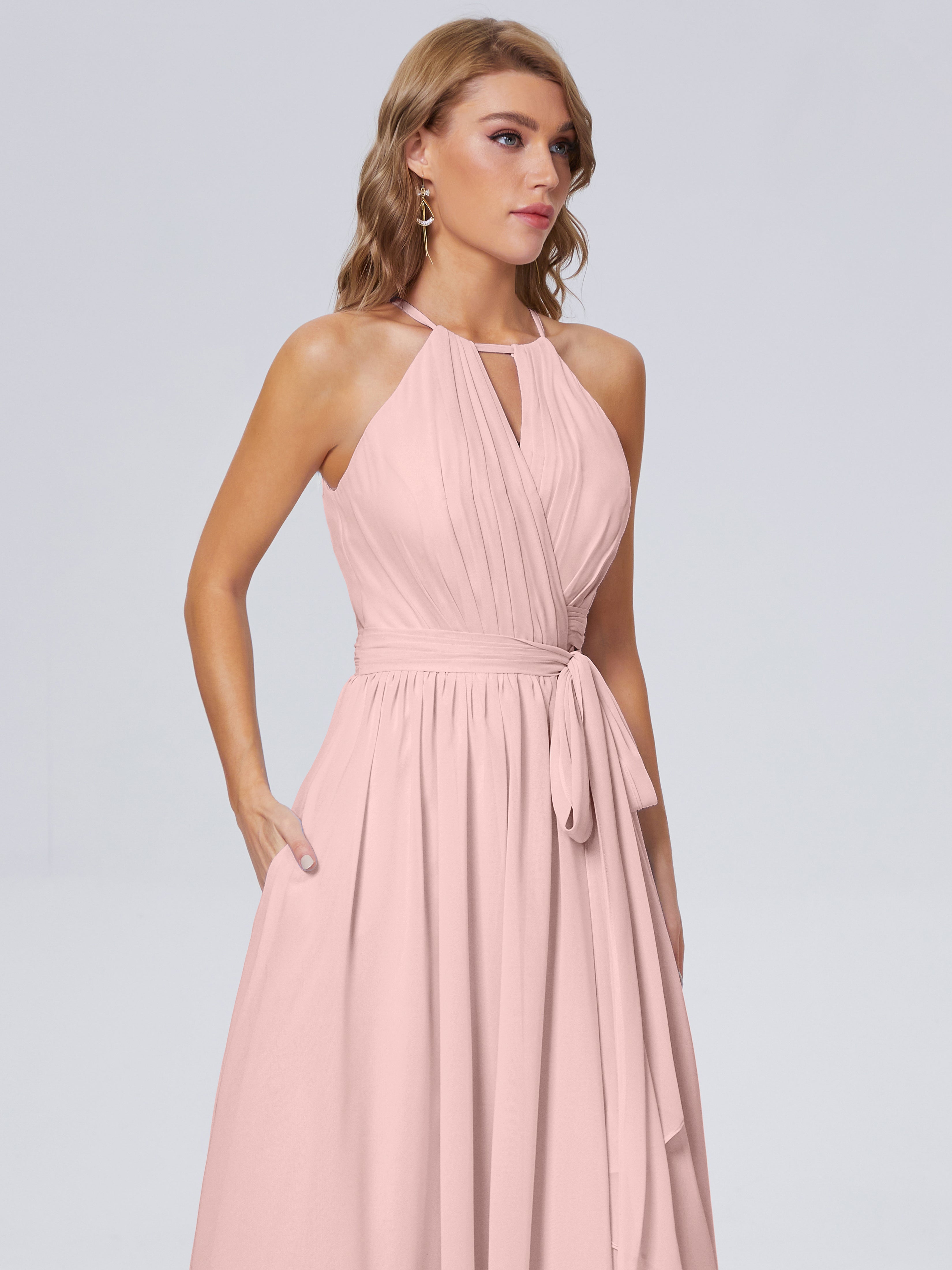 Longues Robes De Demoiselle D'Honneur De Rose Poudrée Brillante Licou Mousseline Robes Demoiselle D'Honneur