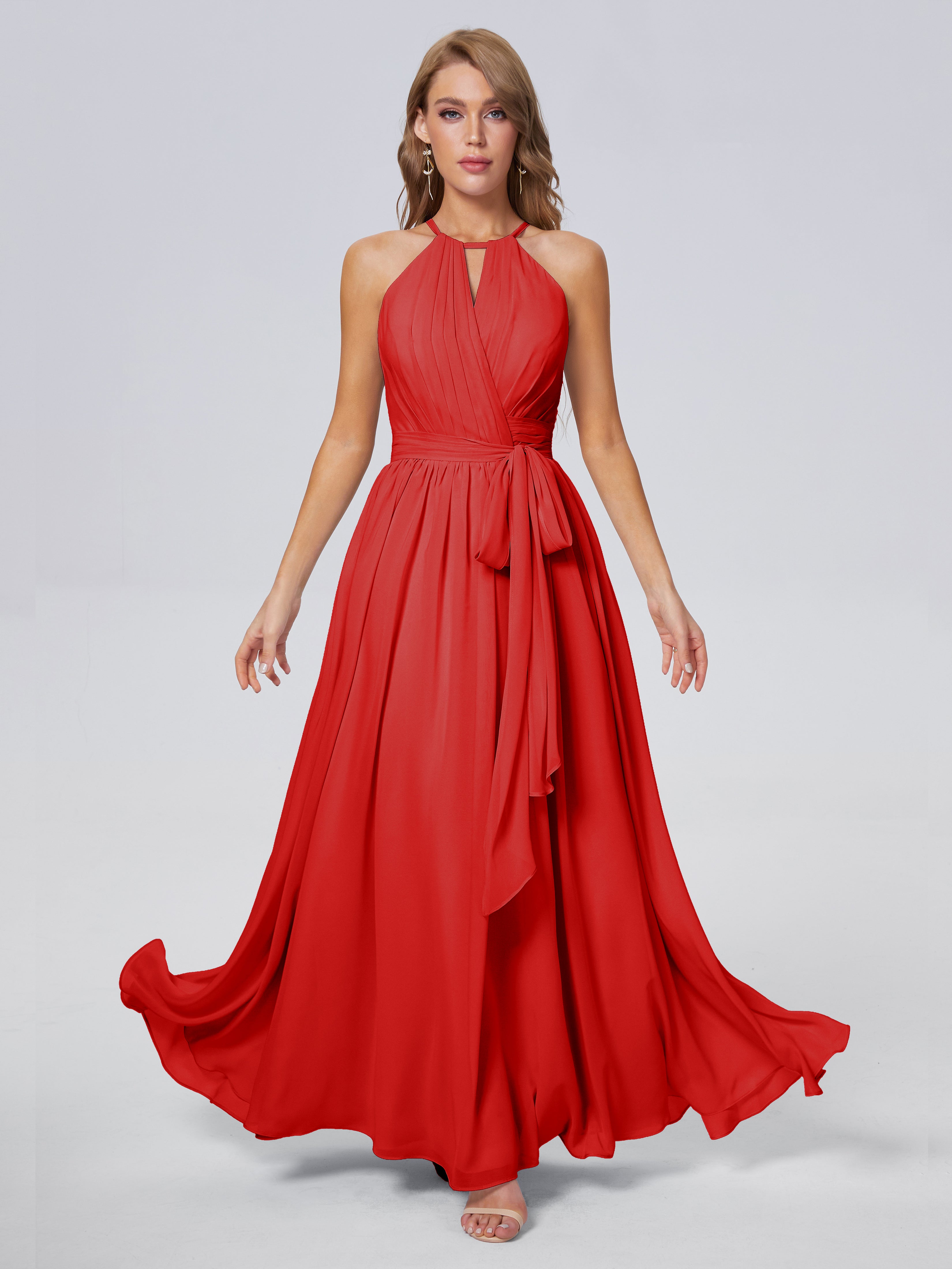 Robes De Demoiselle D'Honneur Rouges Longues Brillante Licou Mousseline Robes Demoiselle D'Honneur