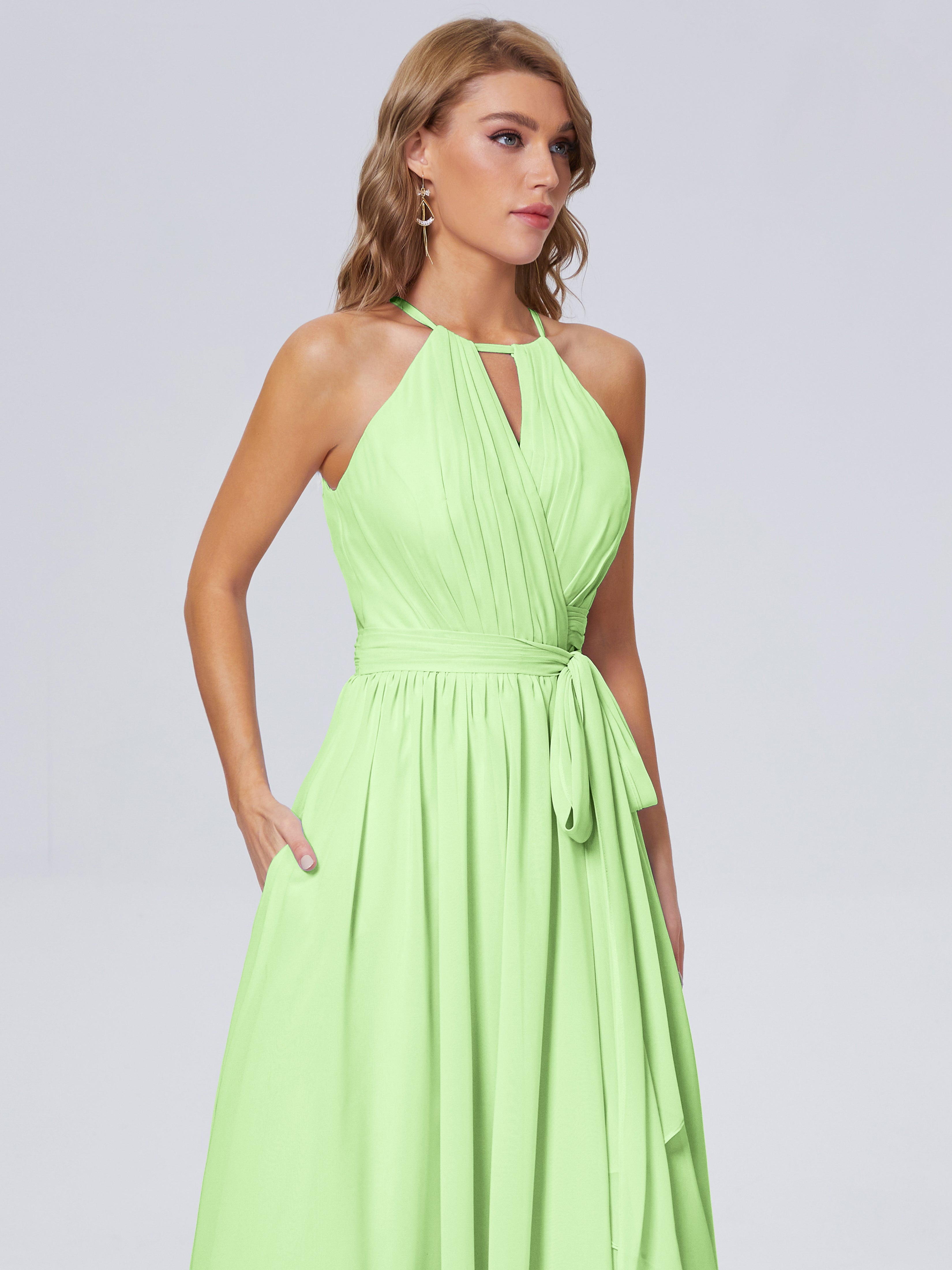 Robe Demoiselle Dhonneur Vert Sauge Brillante Licou Mousseline Robes Demoiselle D'Honneur