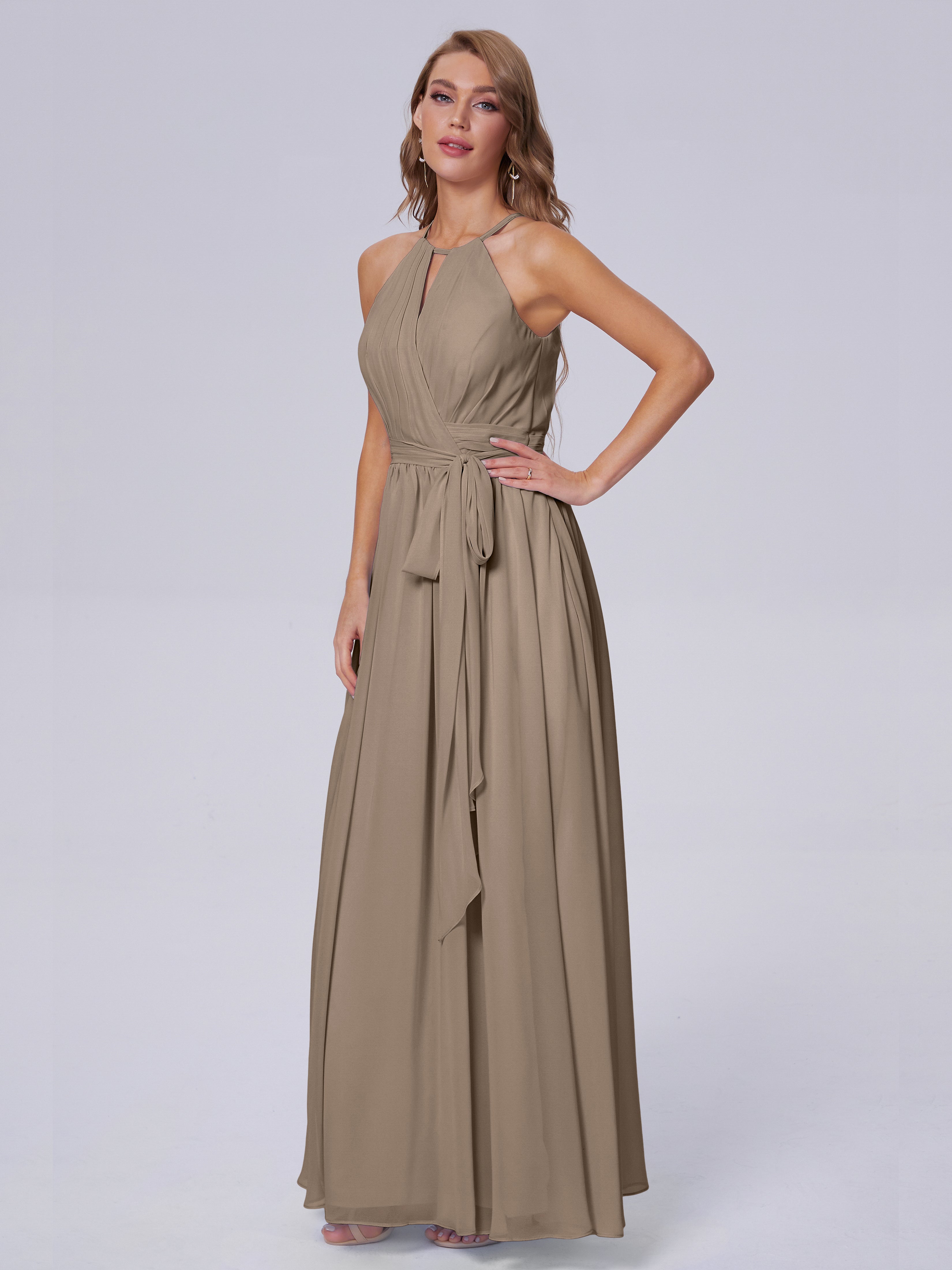 Robe Demoiselle D Honneur Taupe Brillante Licou Mousseline Robes Demoiselle D'Honneur