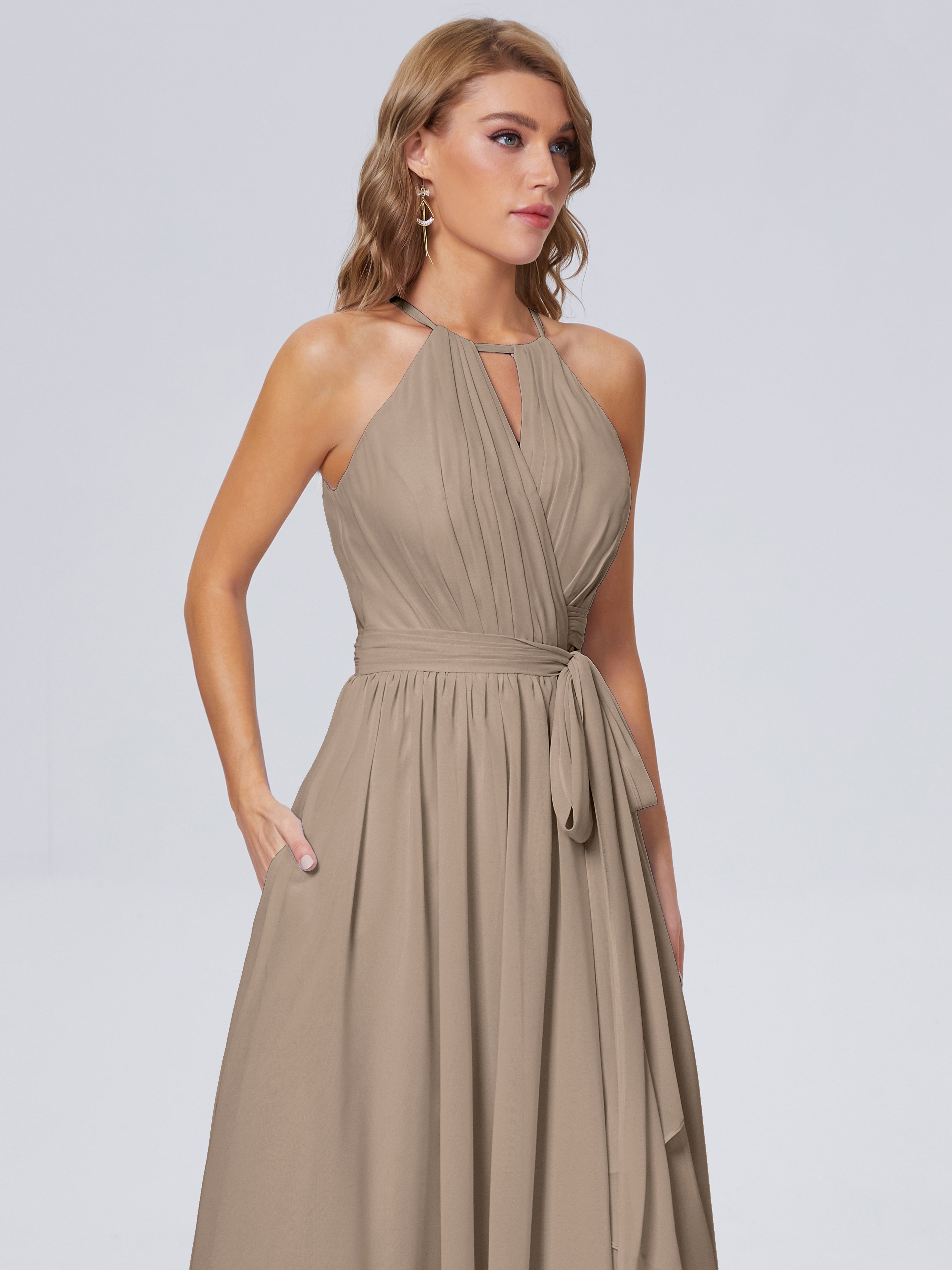 Robe Demoiselle D Honneur Taupe Brillante Licou Mousseline Robes Demoiselle D'Honneur