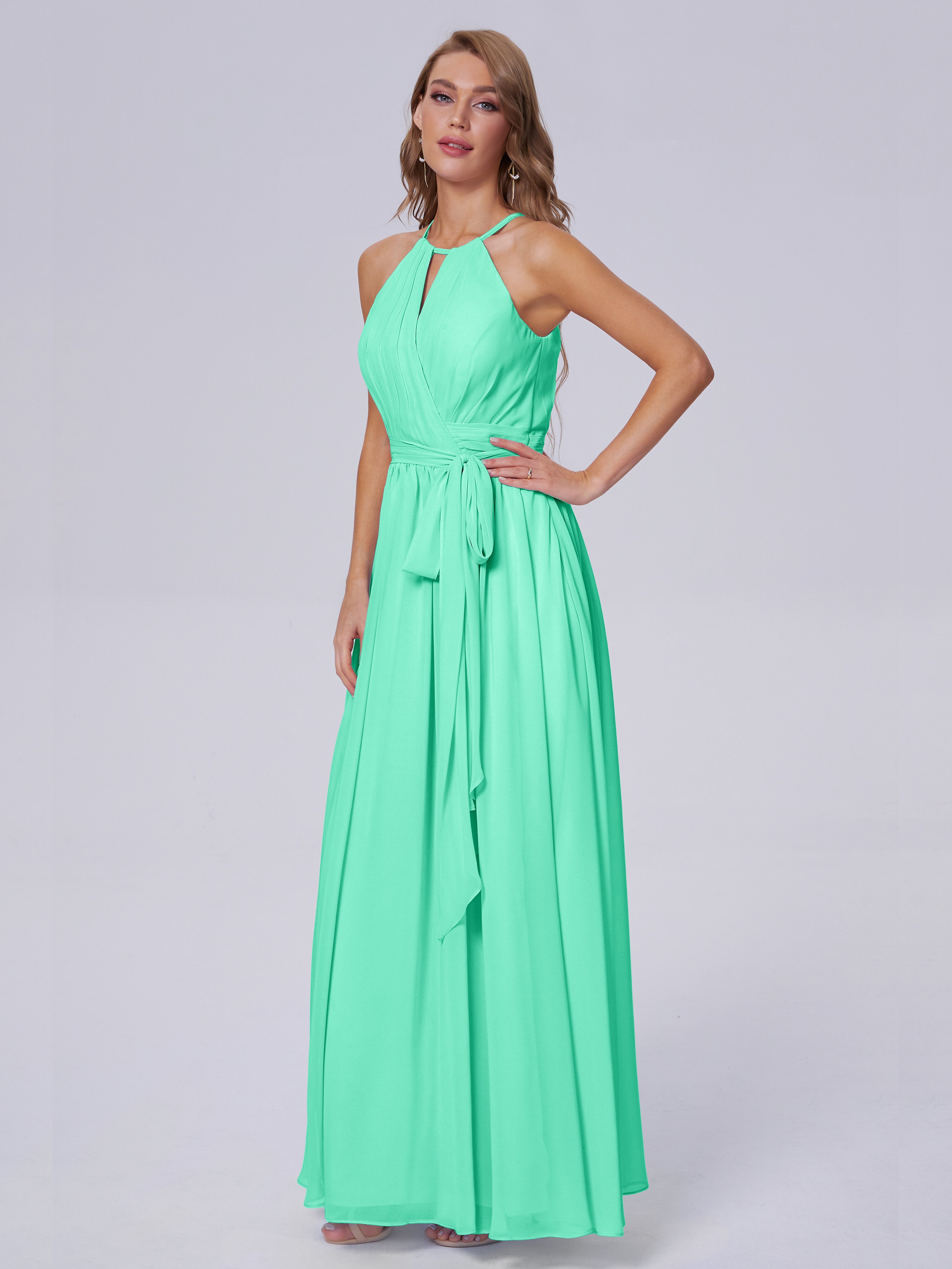 Robe Demoiselle D Honneur Turquoise Brillante Licou Mousseline Robes Demoiselle D'Honneur