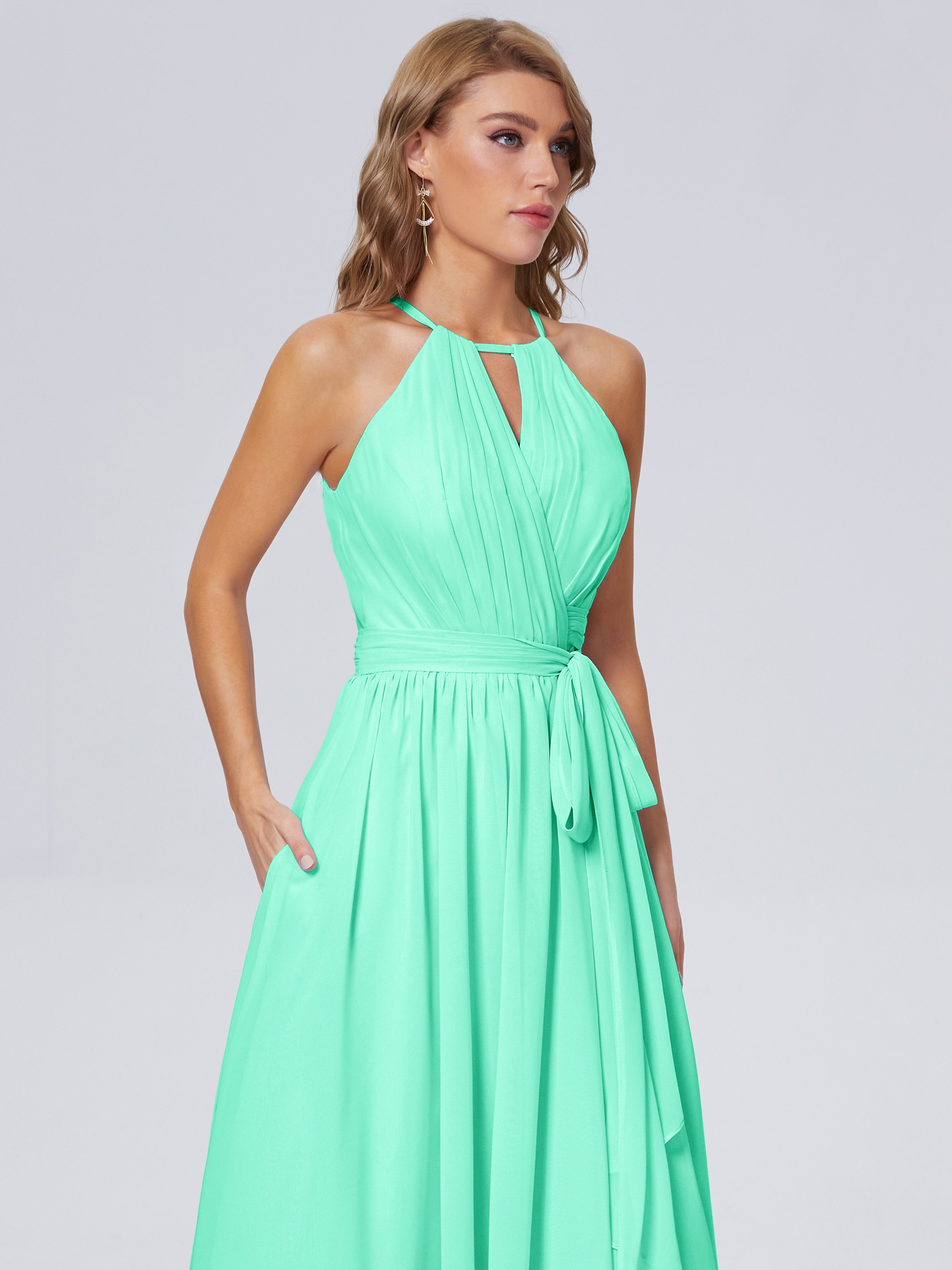 Robe Demoiselle D Honneur Turquoise Brillante Licou Mousseline Robes Demoiselle D'Honneur