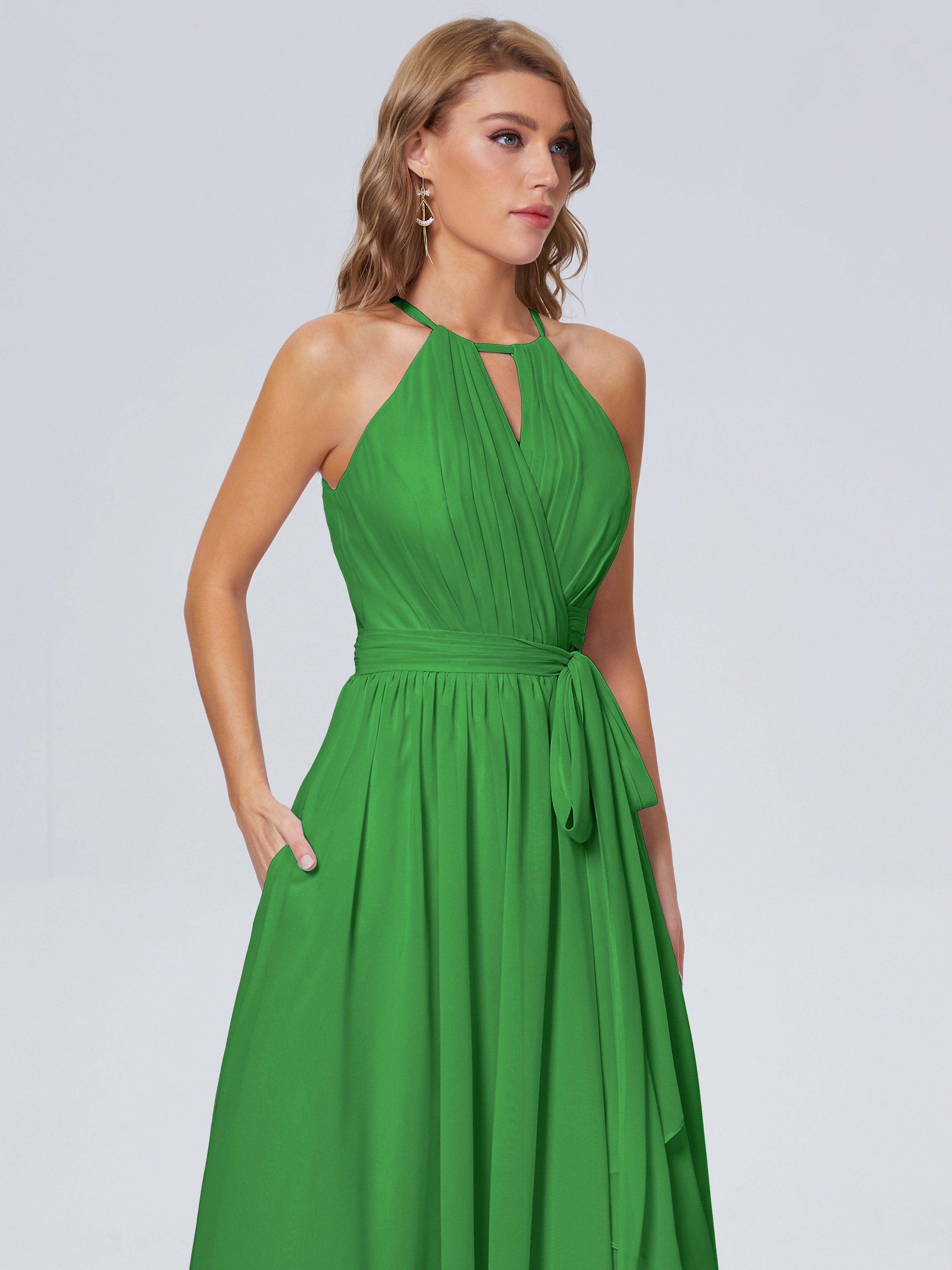 Robe De Demoiselle D Honneur Verte Brillante Licou Mousseline Robes Demoiselle D'Honneur