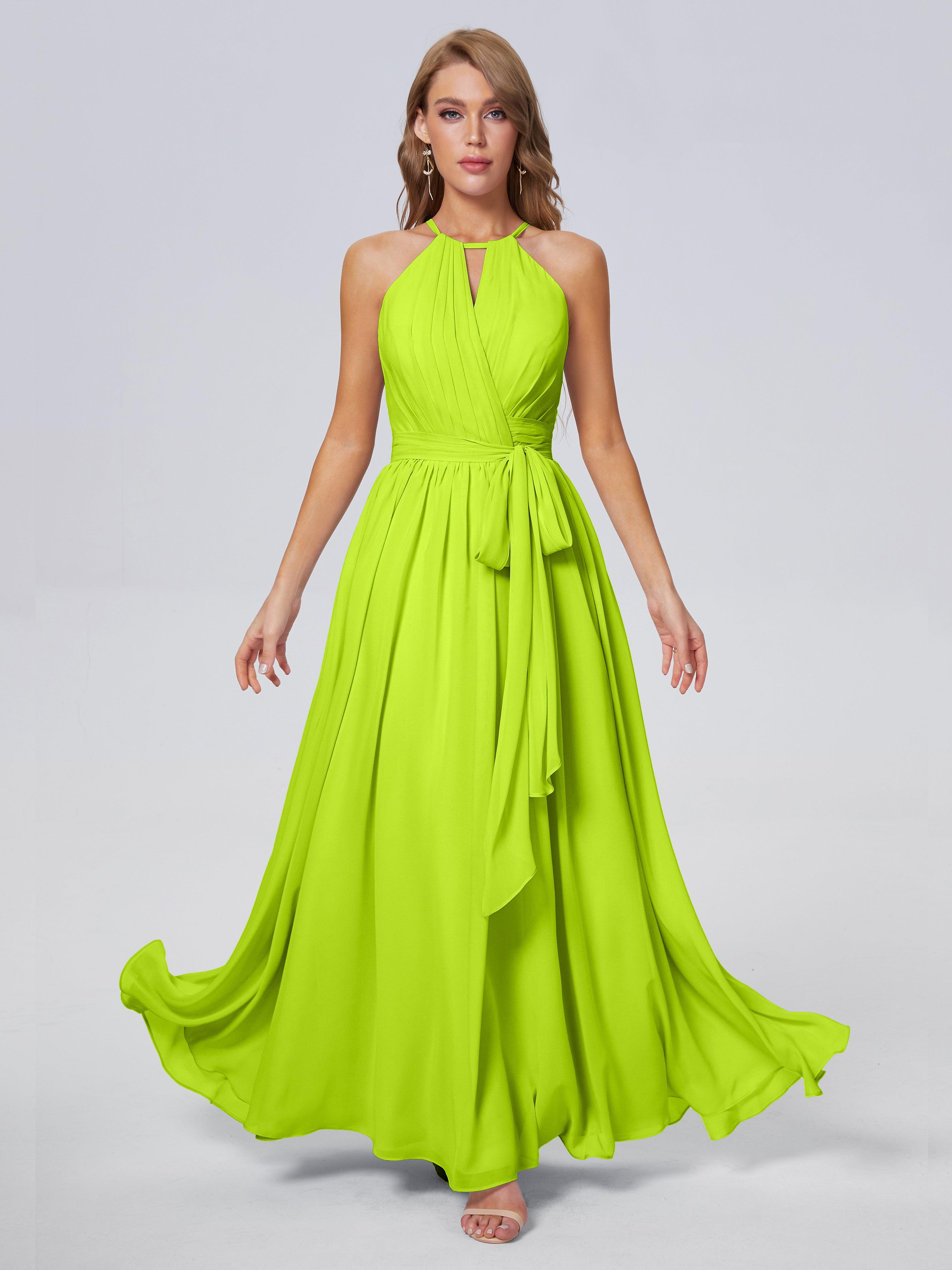 Robes De Demoiselle D'Honneur Vert Citron Brillante Licou Mousseline Robes Demoiselle D'Honneur