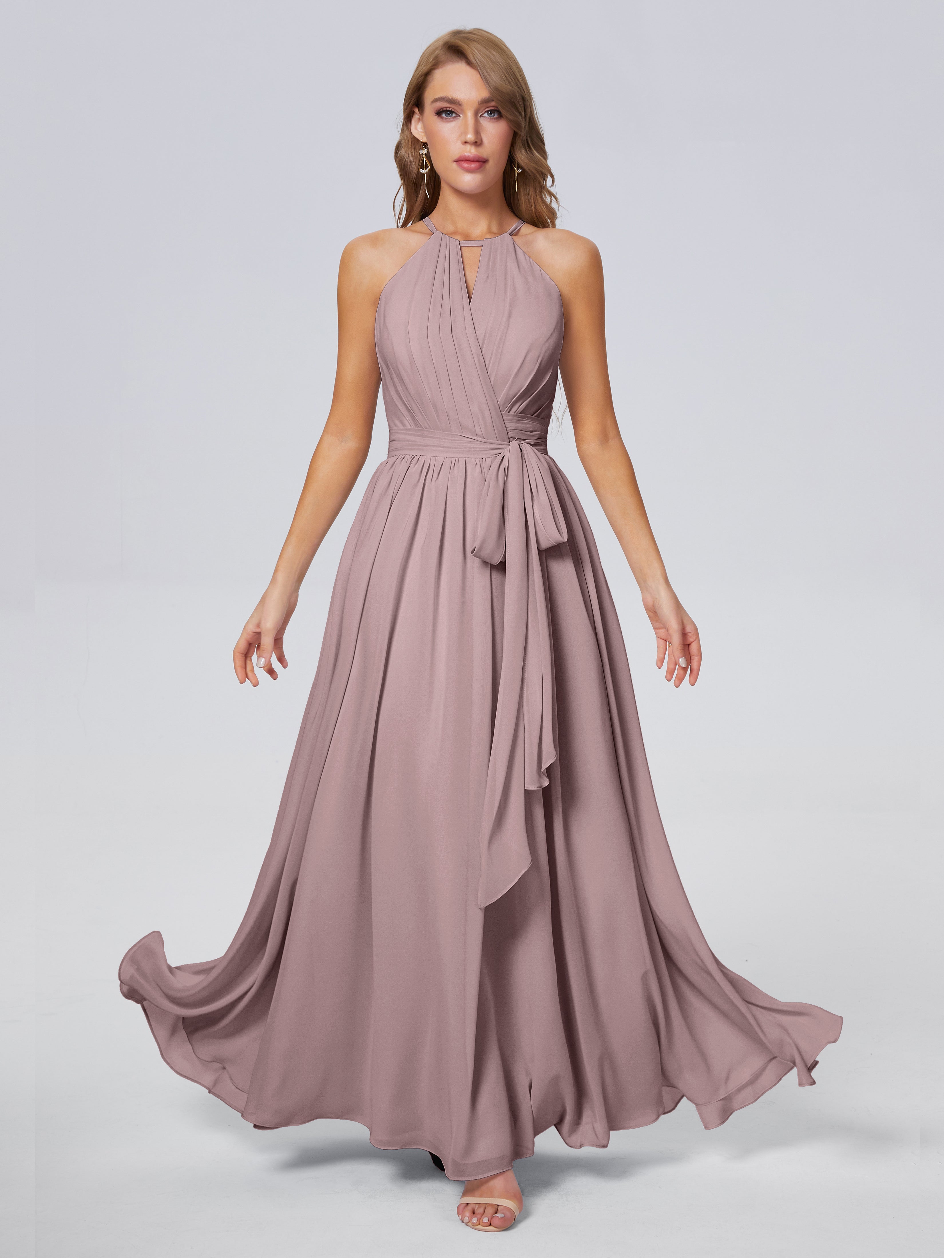 Robes De Demoiselle D'Honneur Mauve Foncé Brillante Licou Mousseline Robes Demoiselle D'Honneur