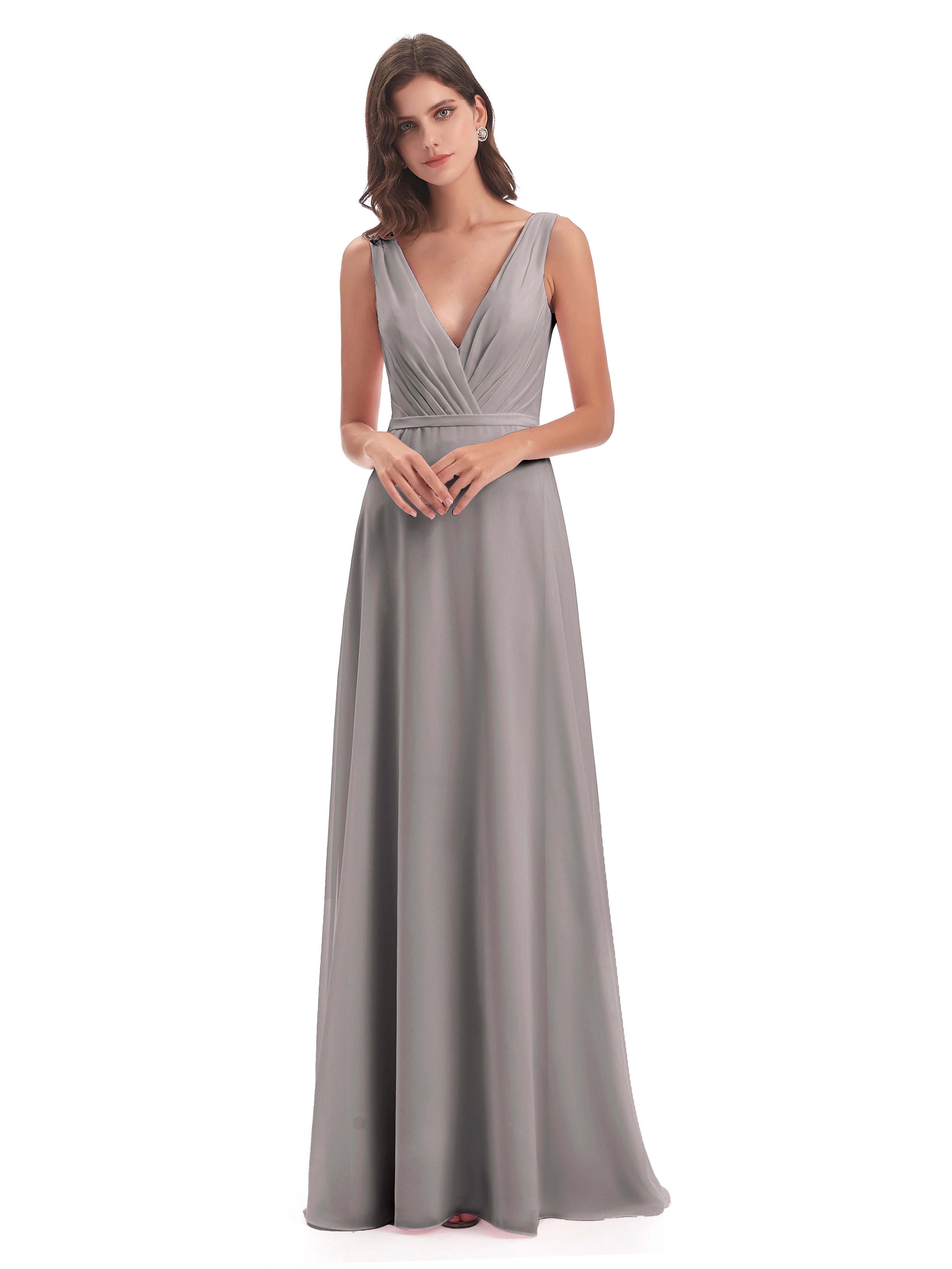 Robes De Demoiselle D'Honneur En Argent Col V Mousseline Longue Robes Demoiselle D'Honneur