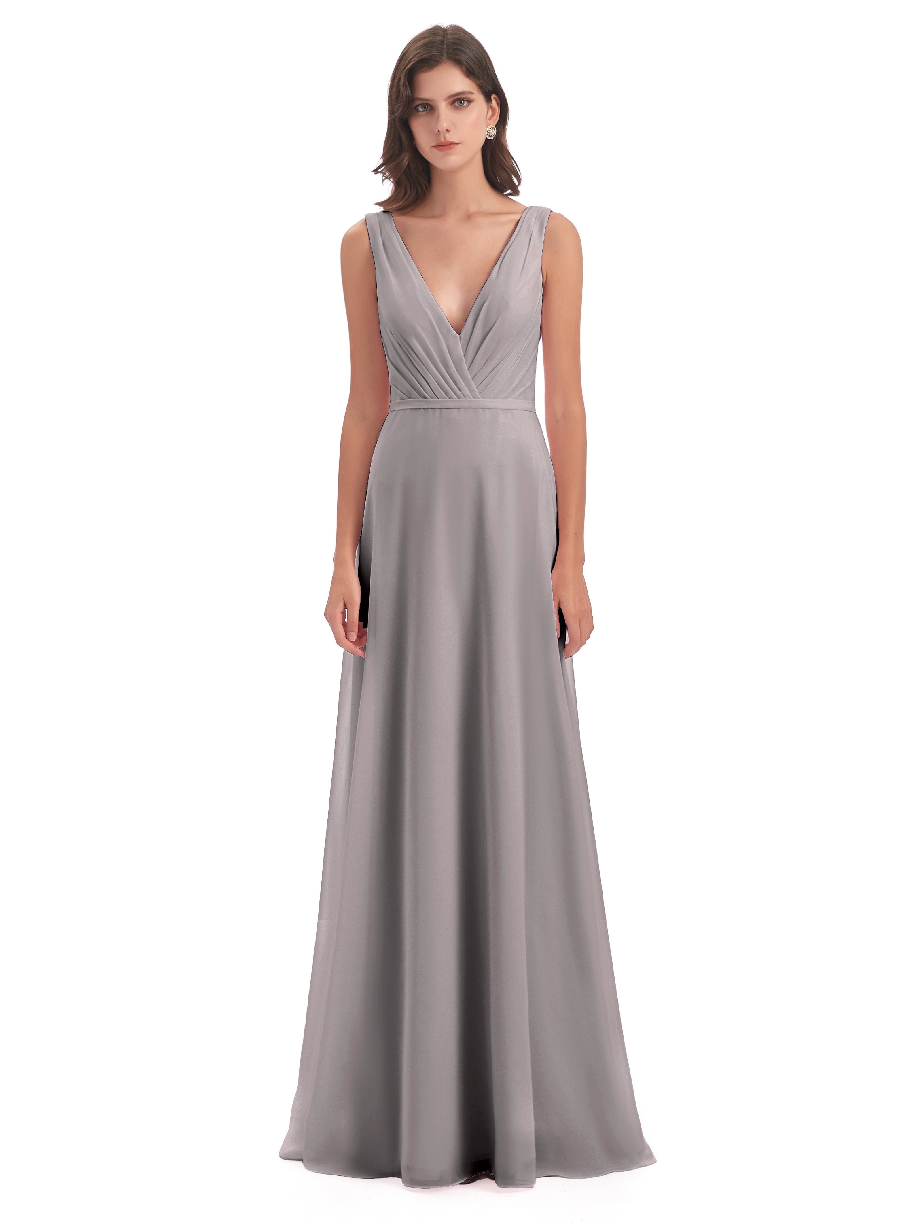 Robes De Demoiselle D'Honneur En Argent Col V Mousseline Longue Robes Demoiselle D'Honneur