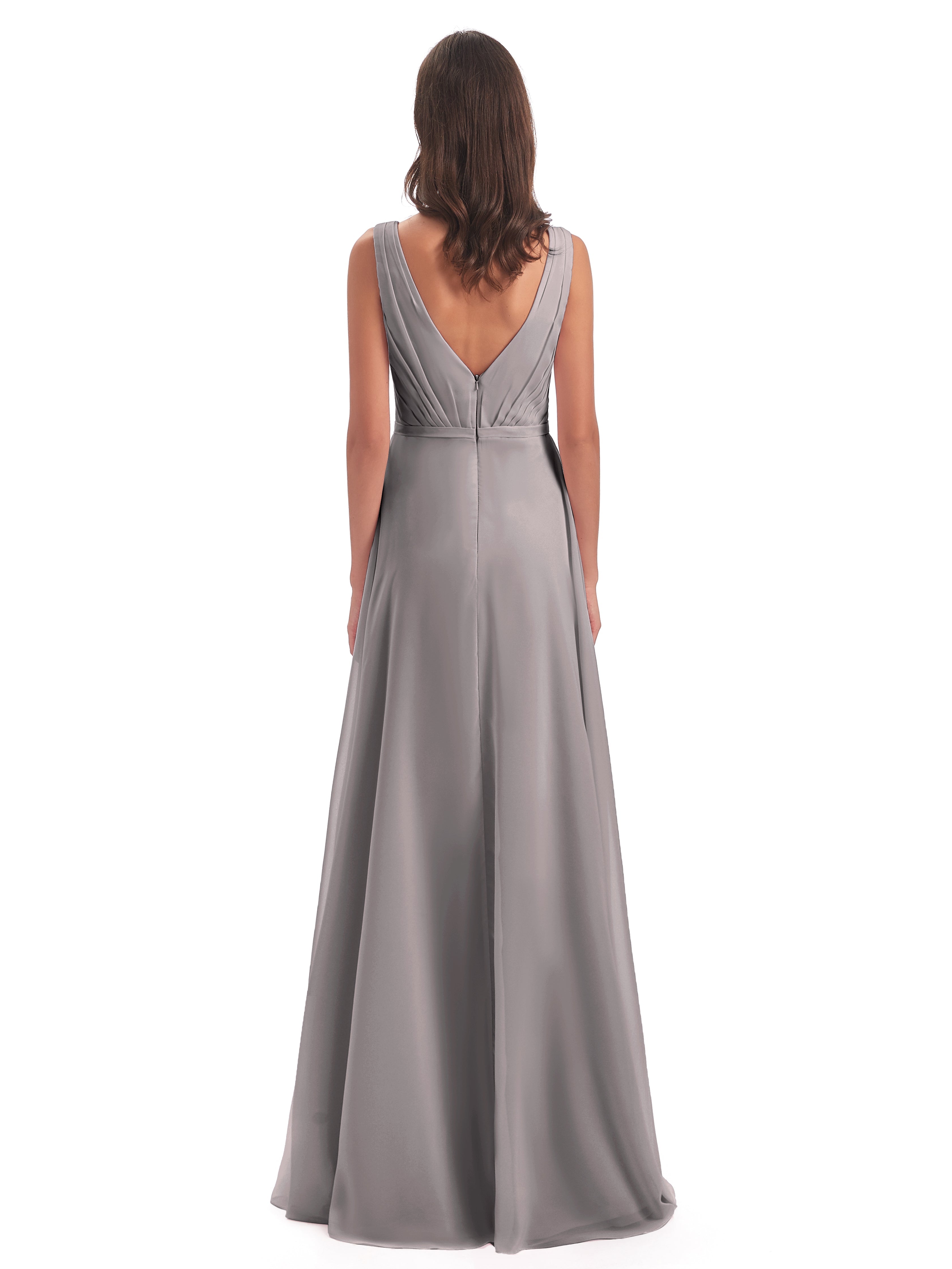 Robes De Demoiselle D'Honneur En Argent Col V Mousseline Longue Robes Demoiselle D'Honneur
