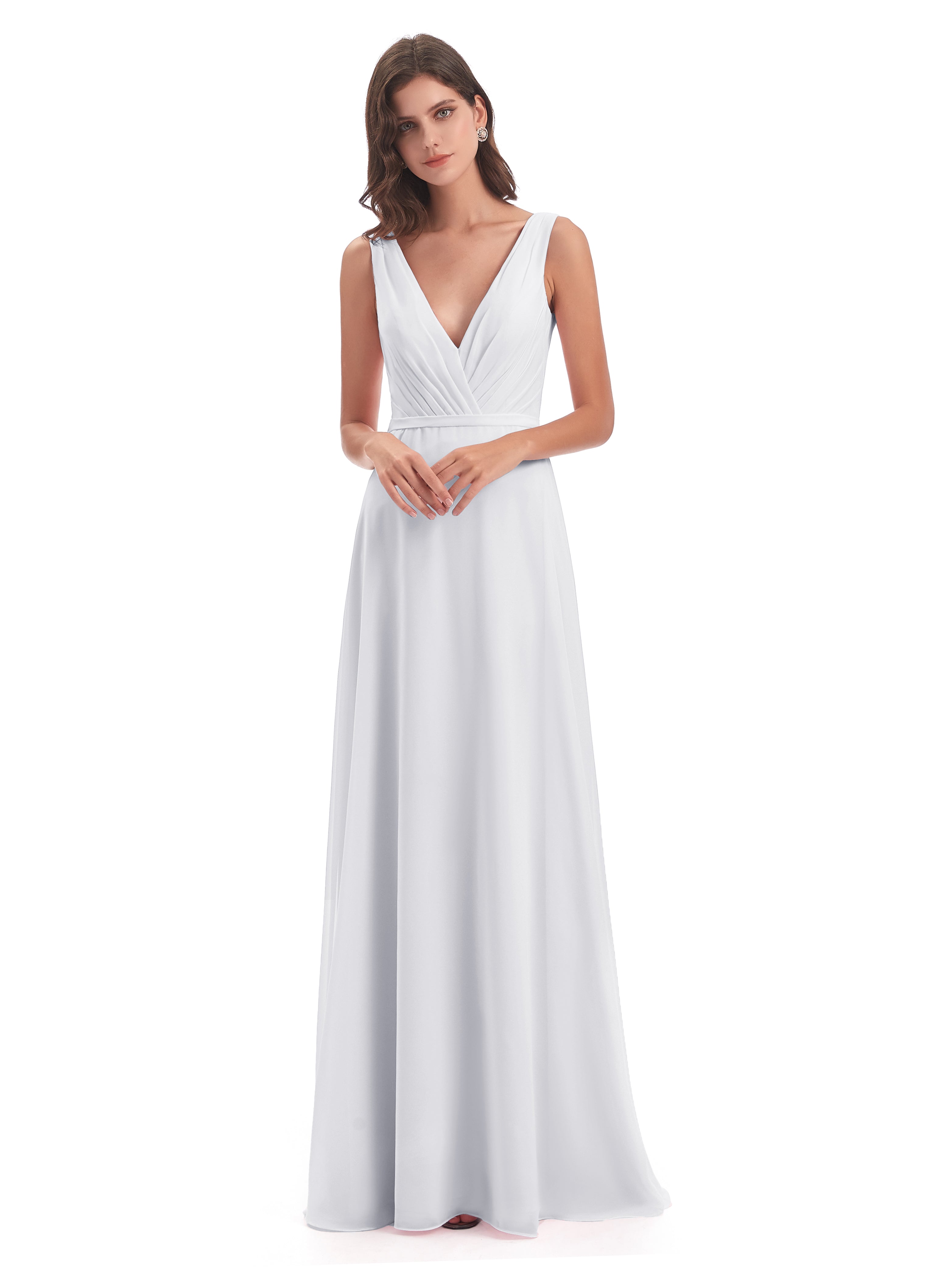 Robe Blanche Demoiselle D Honneur Col V Mousseline Longue Robes Demoiselle D'Honneur