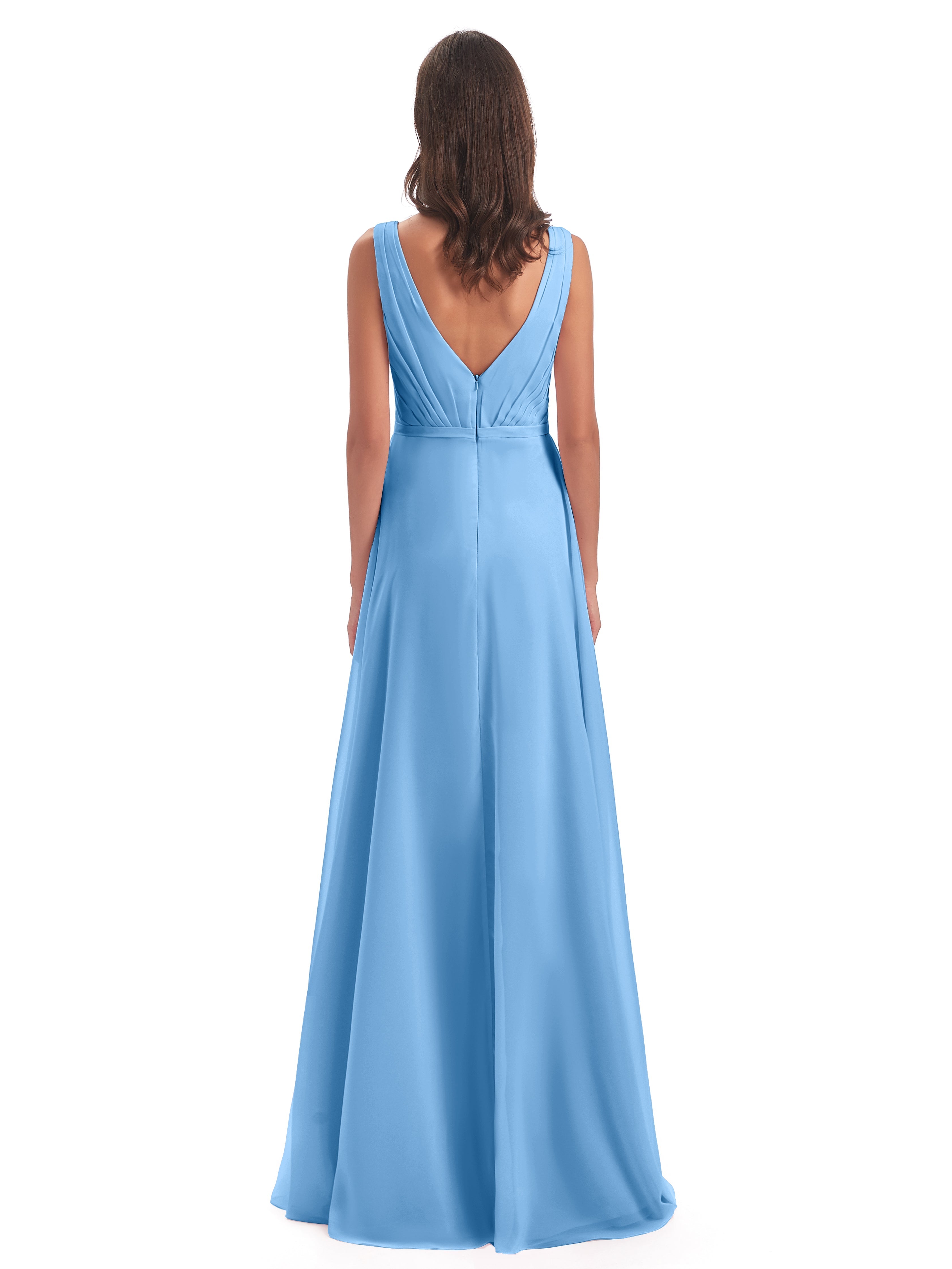 Robe Demoiselle D Honneur Bleue Col V Mousseline Longue Robes Demoiselle D'Honneur