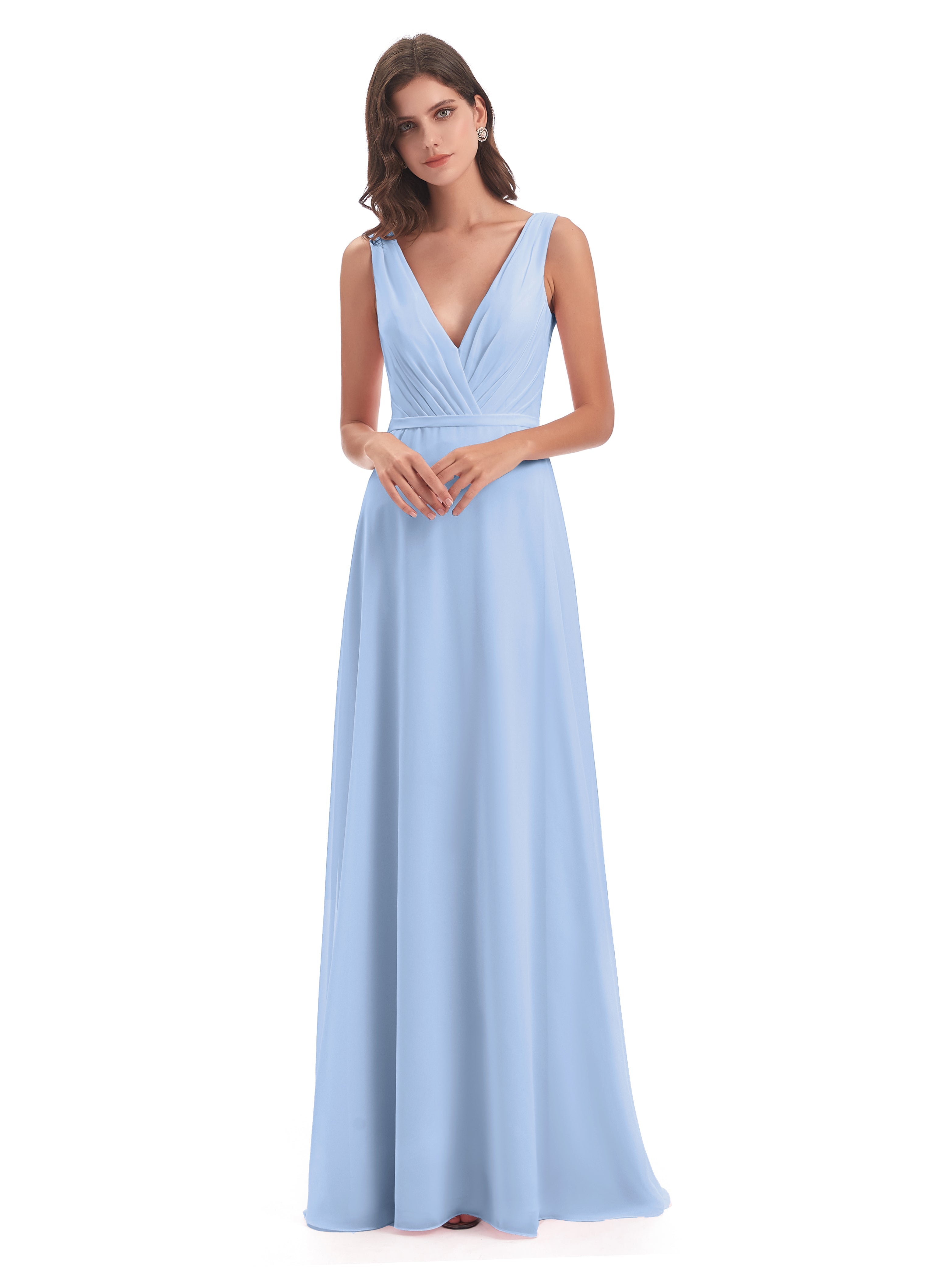 Robe Demoiselle D Honneur Bleue Ciel Col V Mousseline Longue Robes Demoiselle D'Honneur