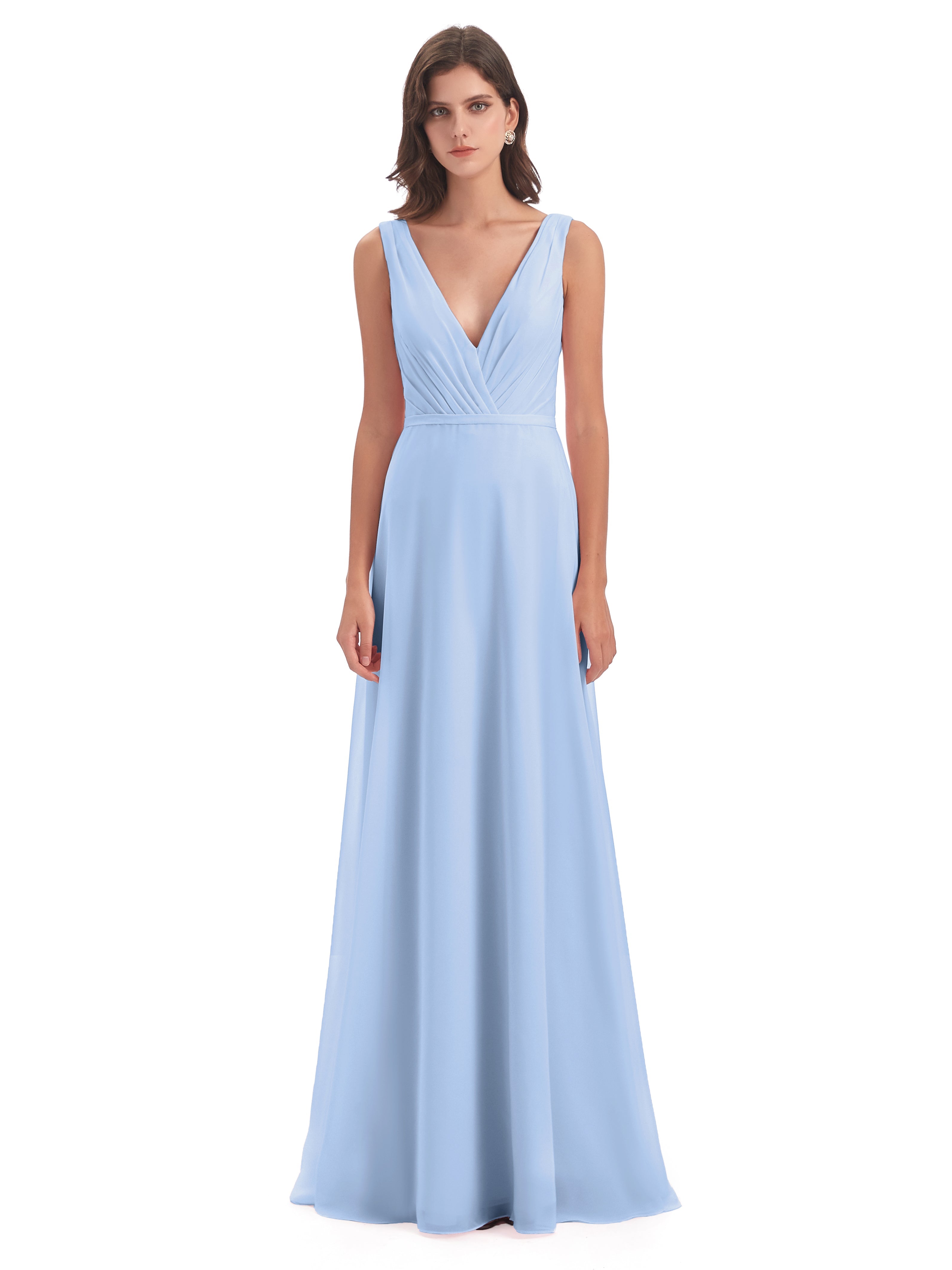 Robe Demoiselle D Honneur Bleue Ciel Col V Mousseline Longue Robes Demoiselle D'Honneur