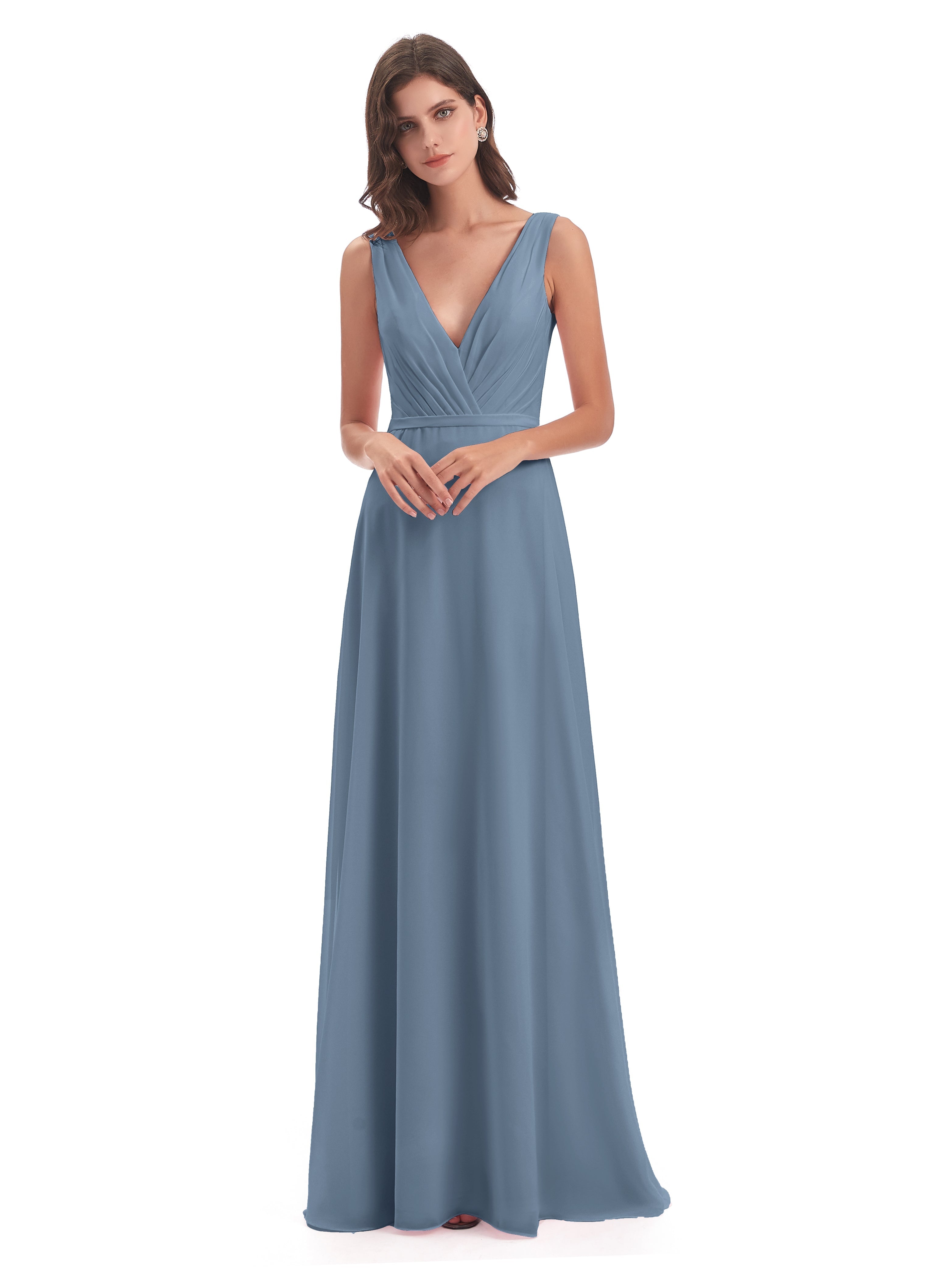 Robes De Demoiselle D'Honneur Bleu De Schiste Col V Mousseline Longue Robes Demoiselle D'Honneur