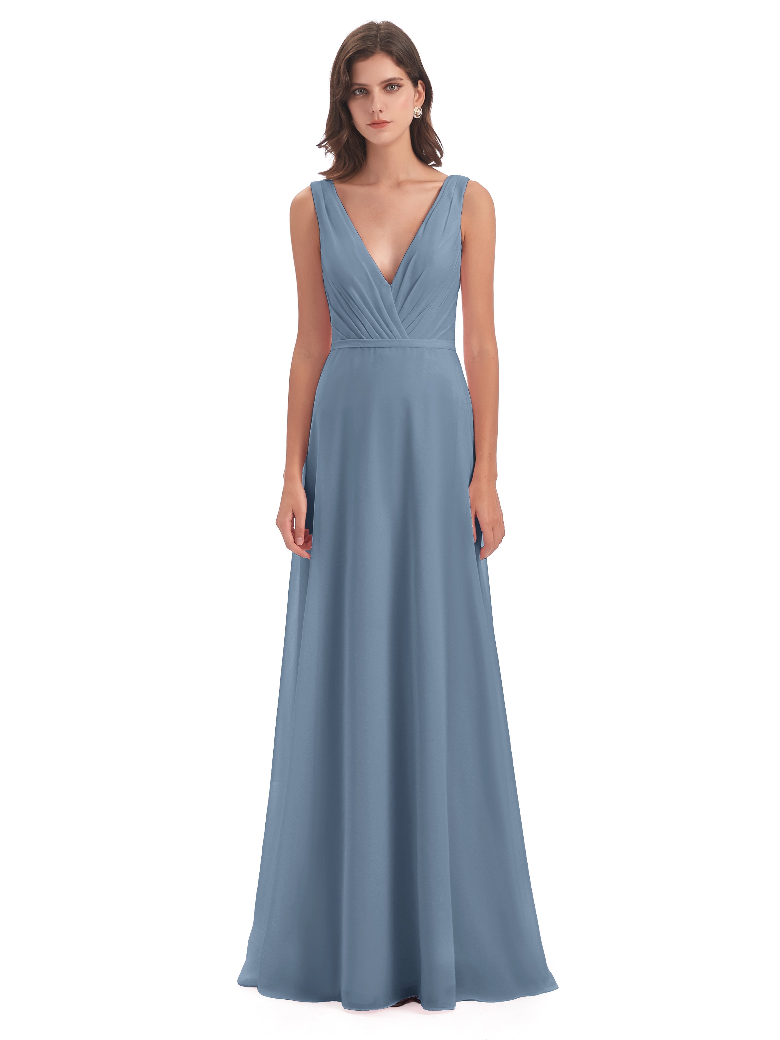 Robes De Demoiselle D'Honneur Bleu De Schiste Col V Mousseline Longue Robes Demoiselle D'Honneur