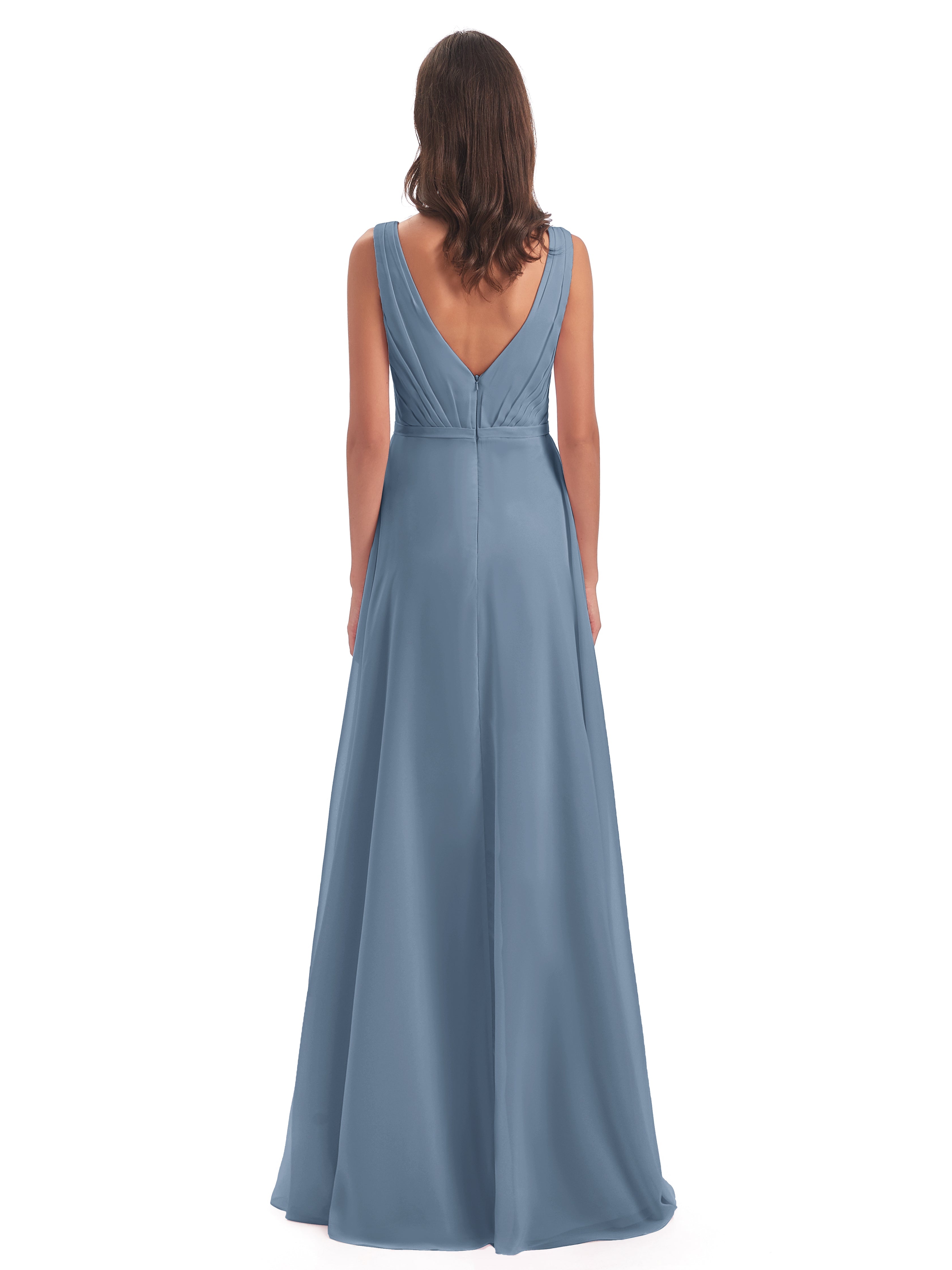 Robes De Demoiselle D'Honneur Bleu De Schiste Col V Mousseline Longue Robes Demoiselle D'Honneur