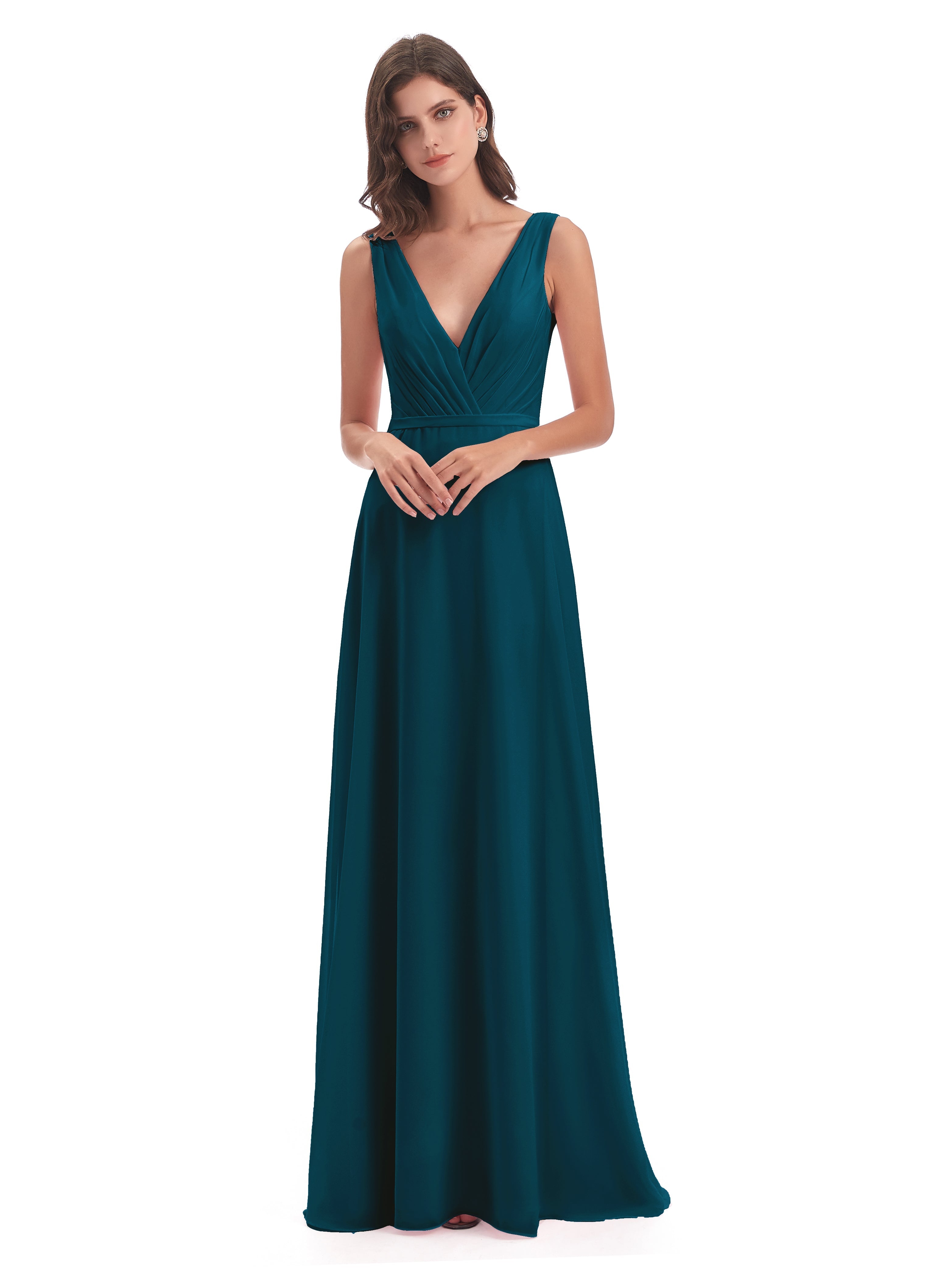 Robe De Demoiselle D'Honneur Bleu Encre Col V Mousseline Longue Robes Demoiselle D'Honneur