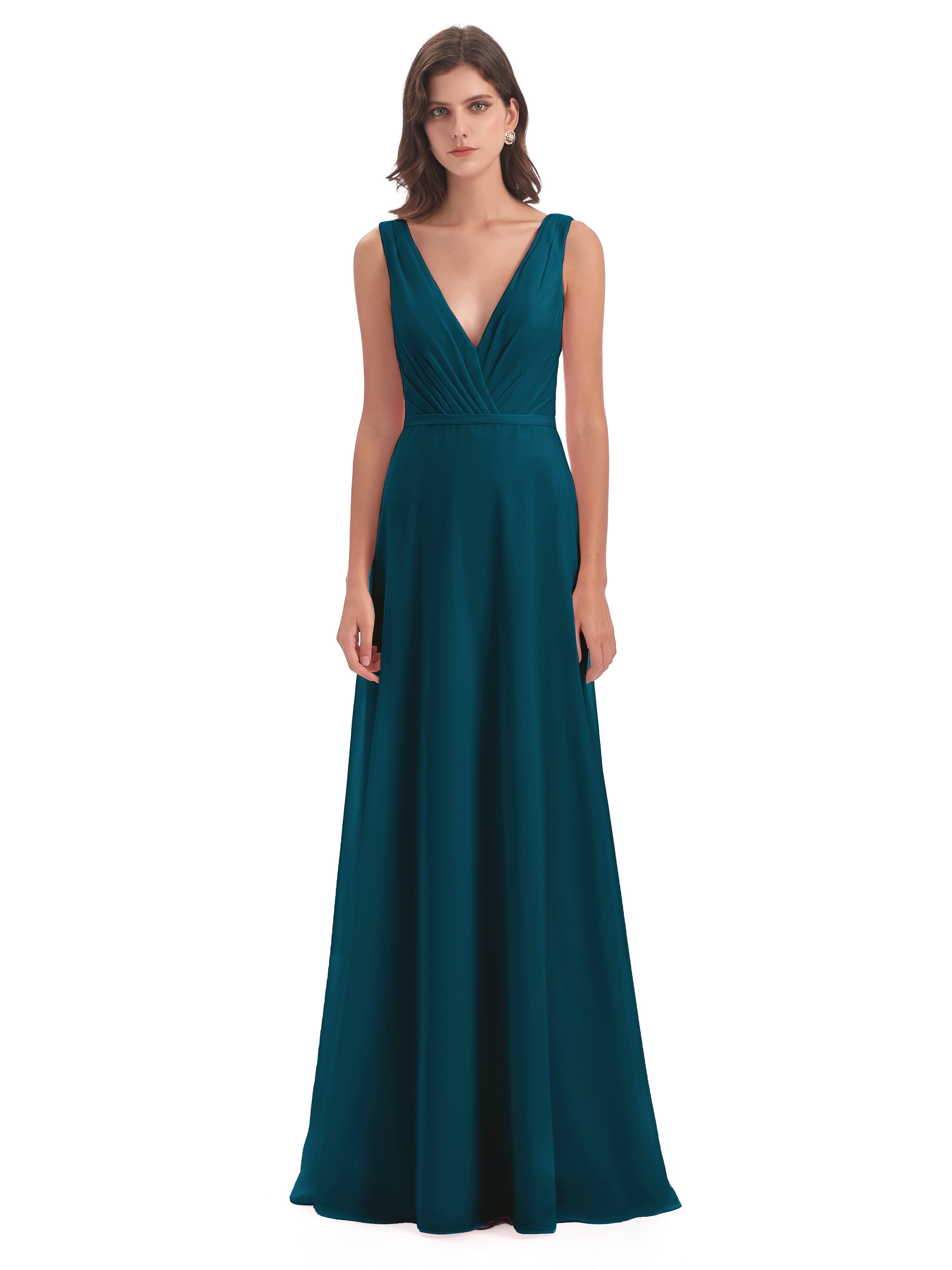 Robe De Demoiselle D'Honneur Bleu Encre Col V Mousseline Longue Robes Demoiselle D'Honneur