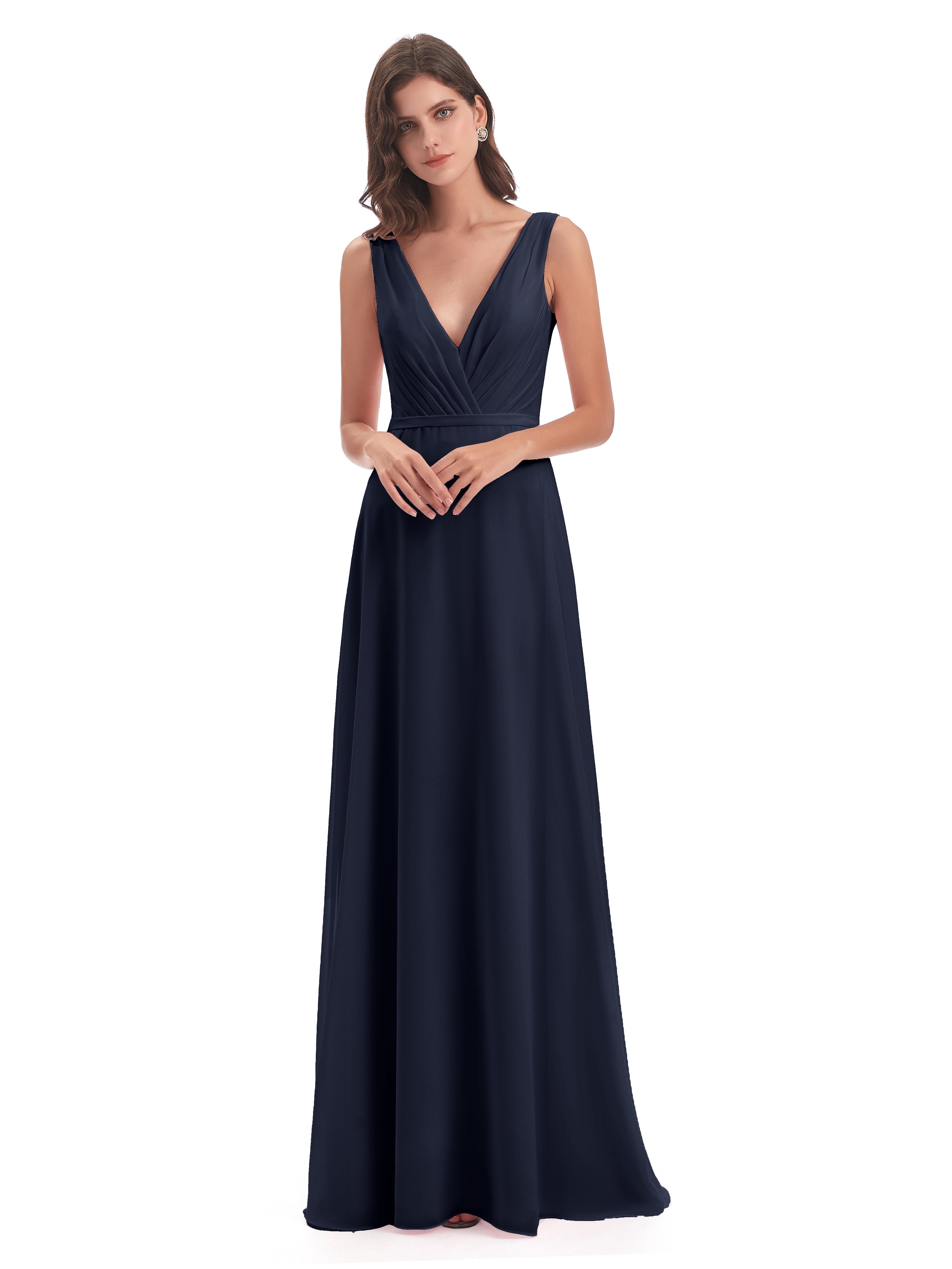 Robe Demoiselle D Honneur Bleue Marine Col V Mousseline Longue Robes Demoiselle D'Honneur