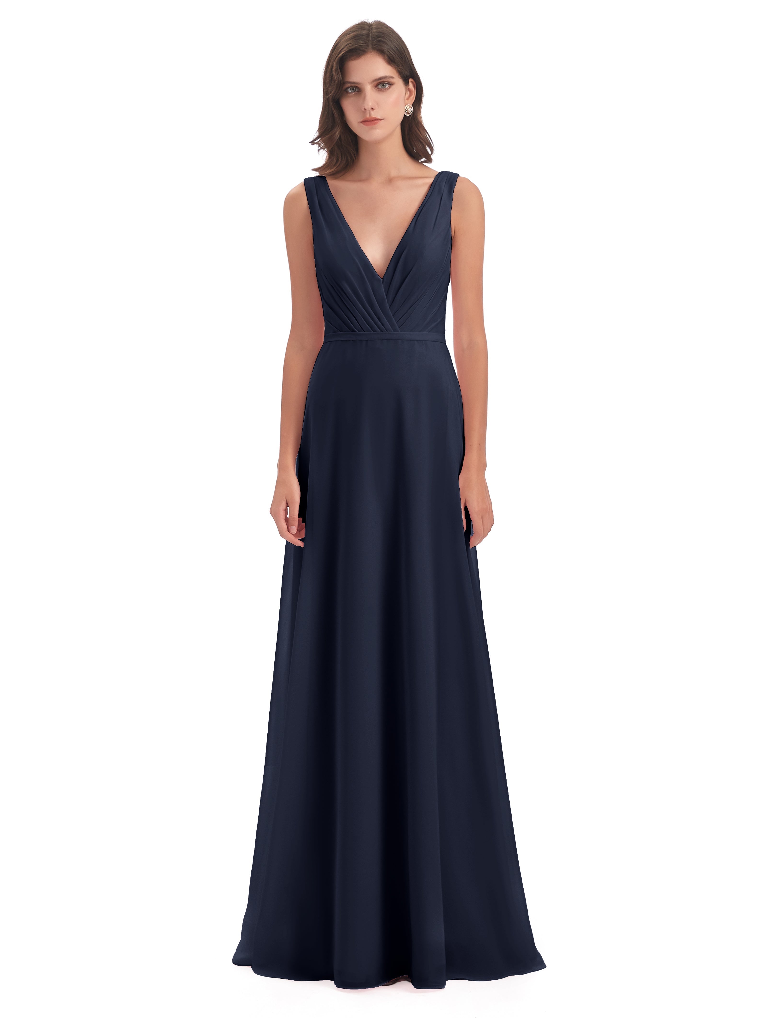 Robe Demoiselle D Honneur Bleue Marine Col V Mousseline Longue Robes Demoiselle D'Honneur